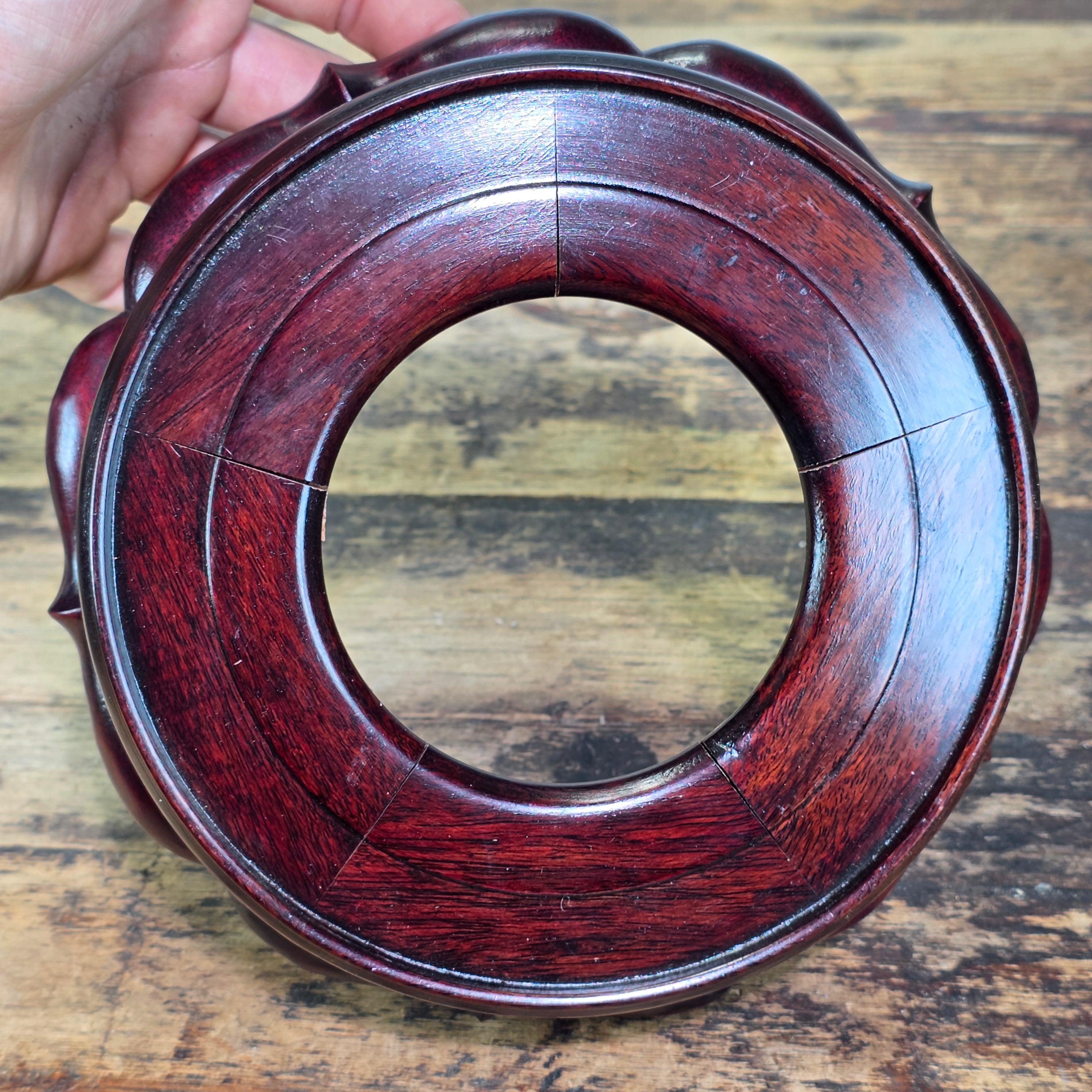 Vintage Chinese Wood Display Stand Vase Bowl Base Rosewood Lotus Round 6.25"