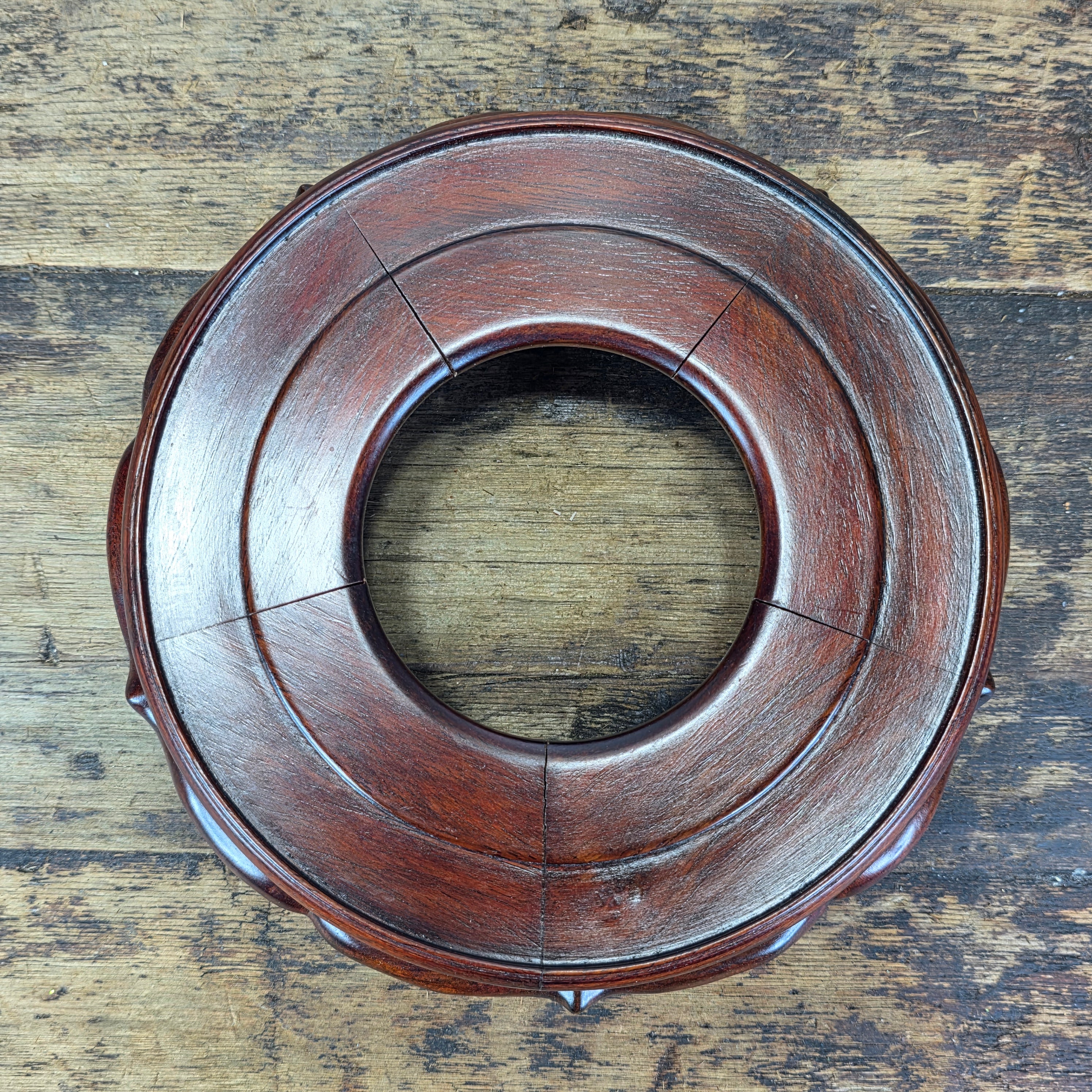 Vintage Chinese Wood Display Stand Vase Bowl Base Rosewood Lotus Round 6.75"