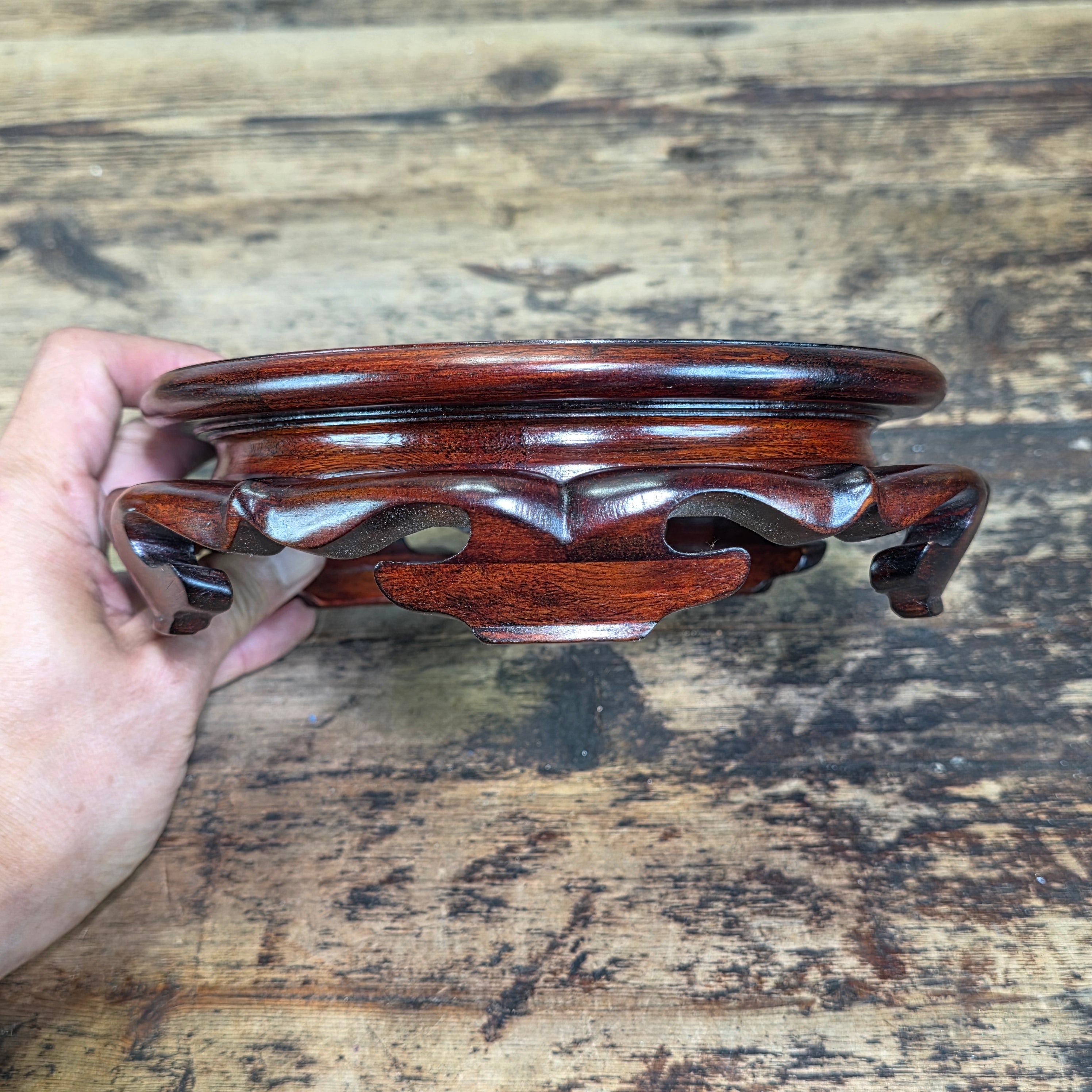 Vintage Chinese Wood Display Stand Vase Bowl Base Rosewood Lotus Round 6.75"