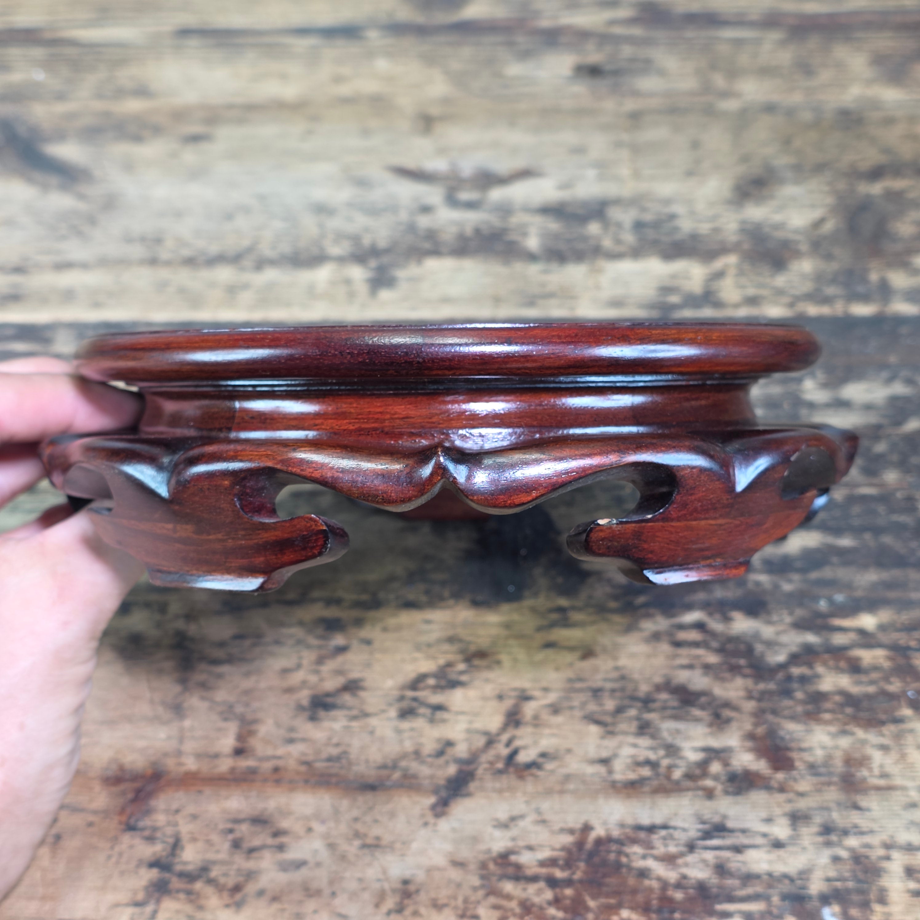 Vintage Chinese Wood Display Stand Vase Bowl Base Rosewood Lotus Round 6.75"