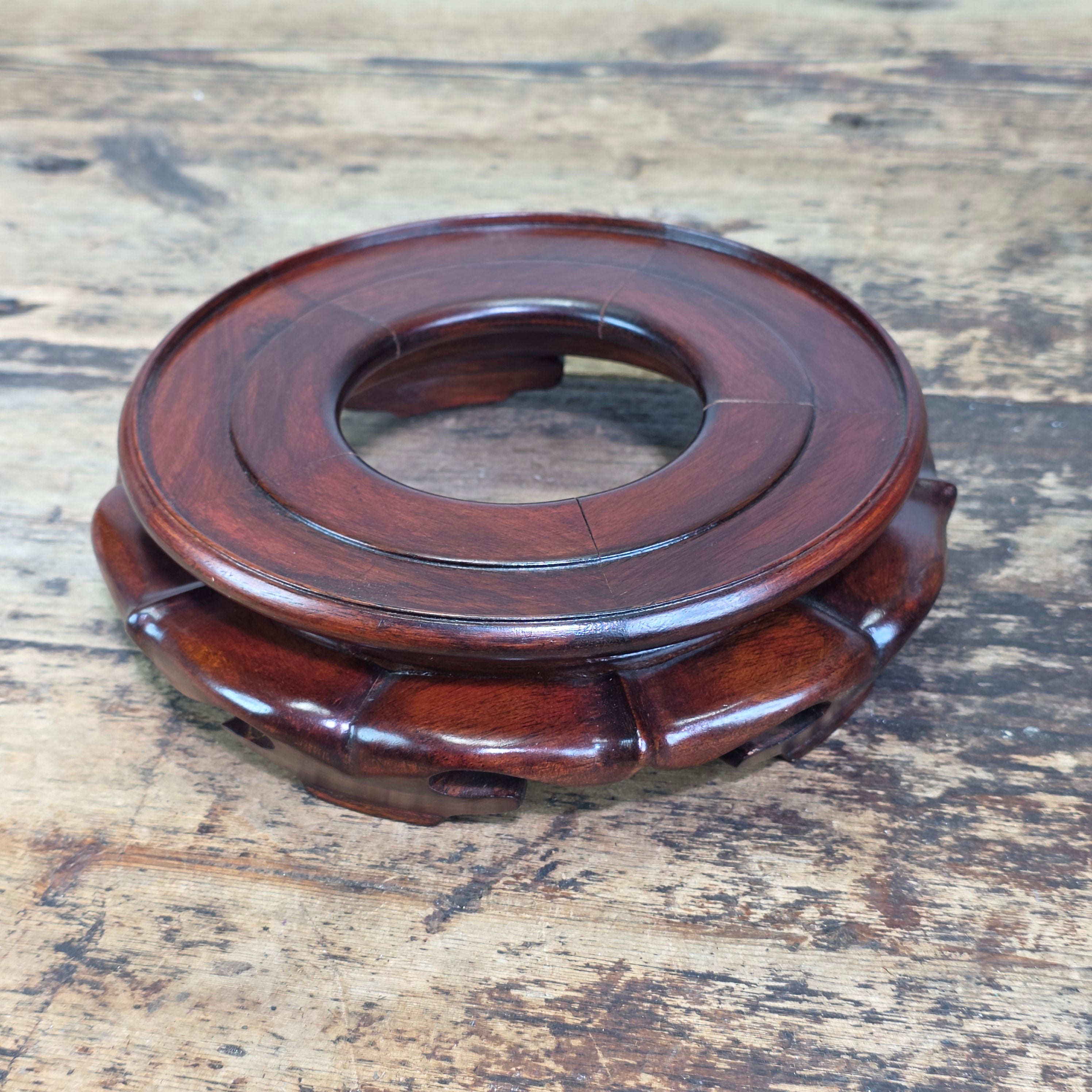 Vintage Chinese Wood Display Stand Vase Bowl Base Rosewood Lotus Round 6.75"