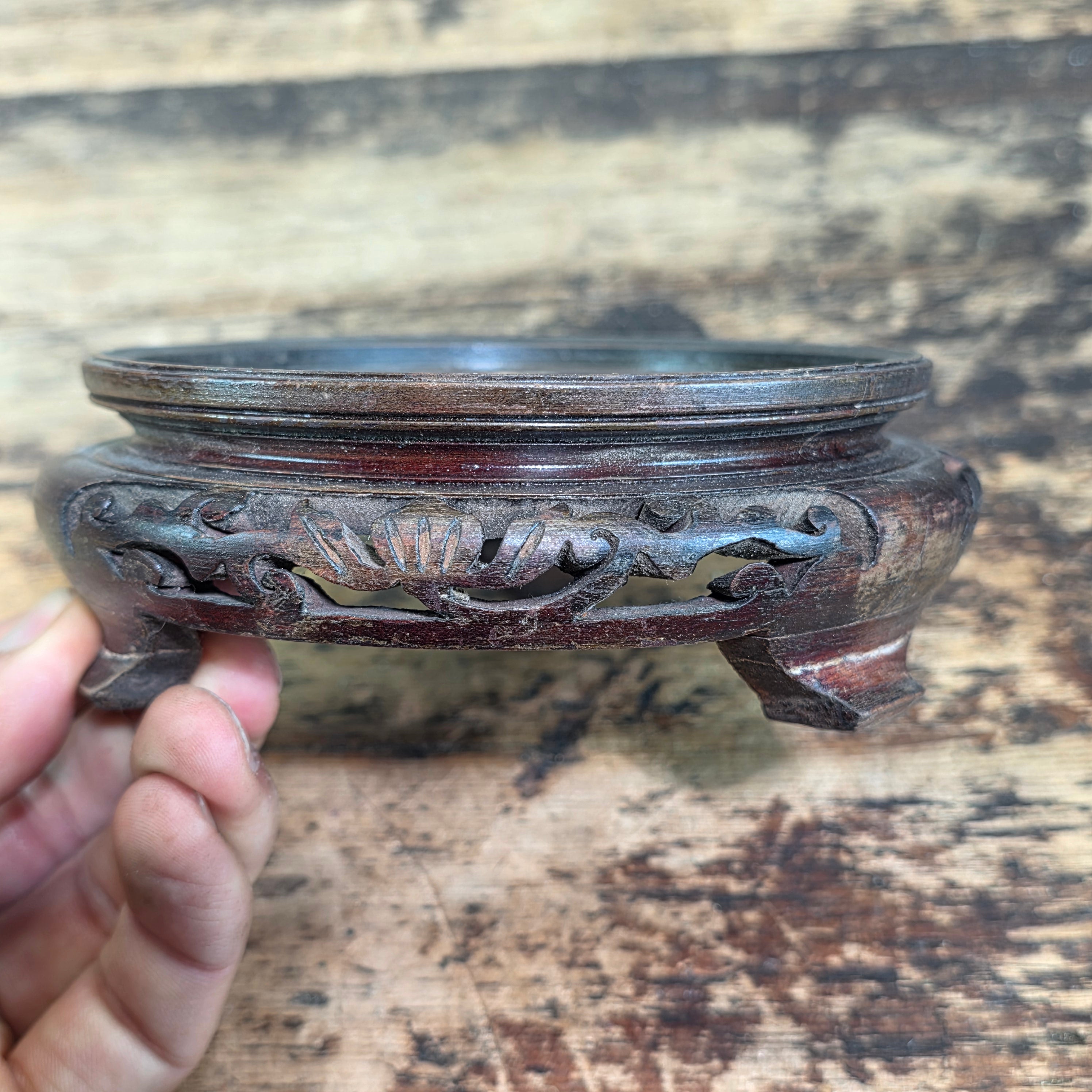 Vintage Chinese Wood Display Stand Round Carved Antique Vase Ginger Jar Base 4"