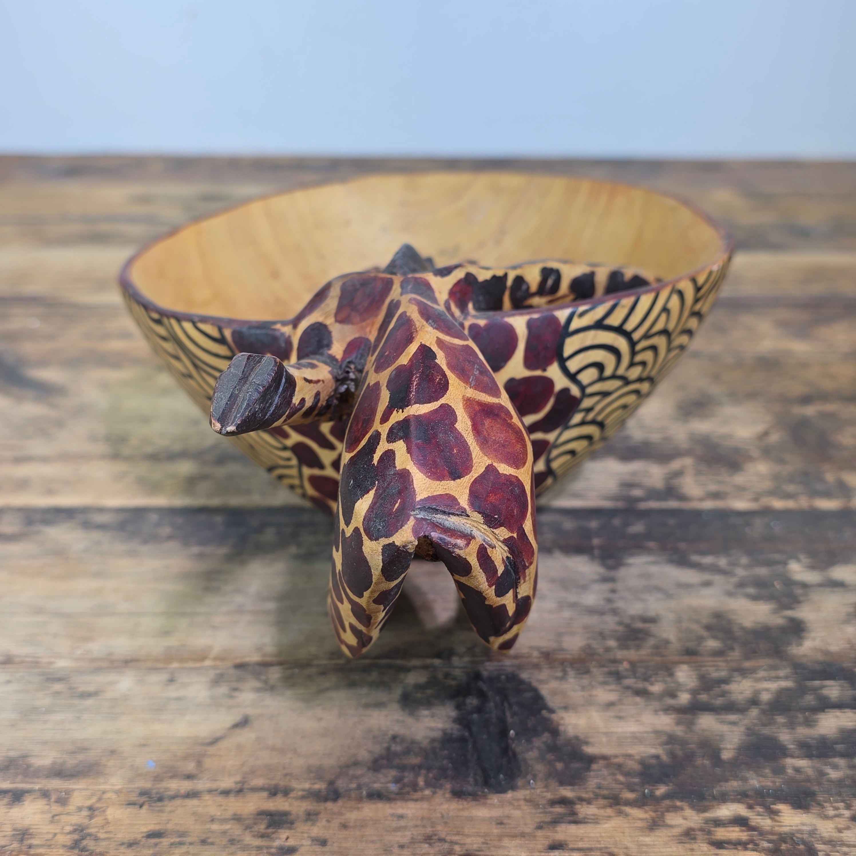 Vintage Hand Carved Wooden Giraffe Bowl African Folk Art Wood Animal Scuplture