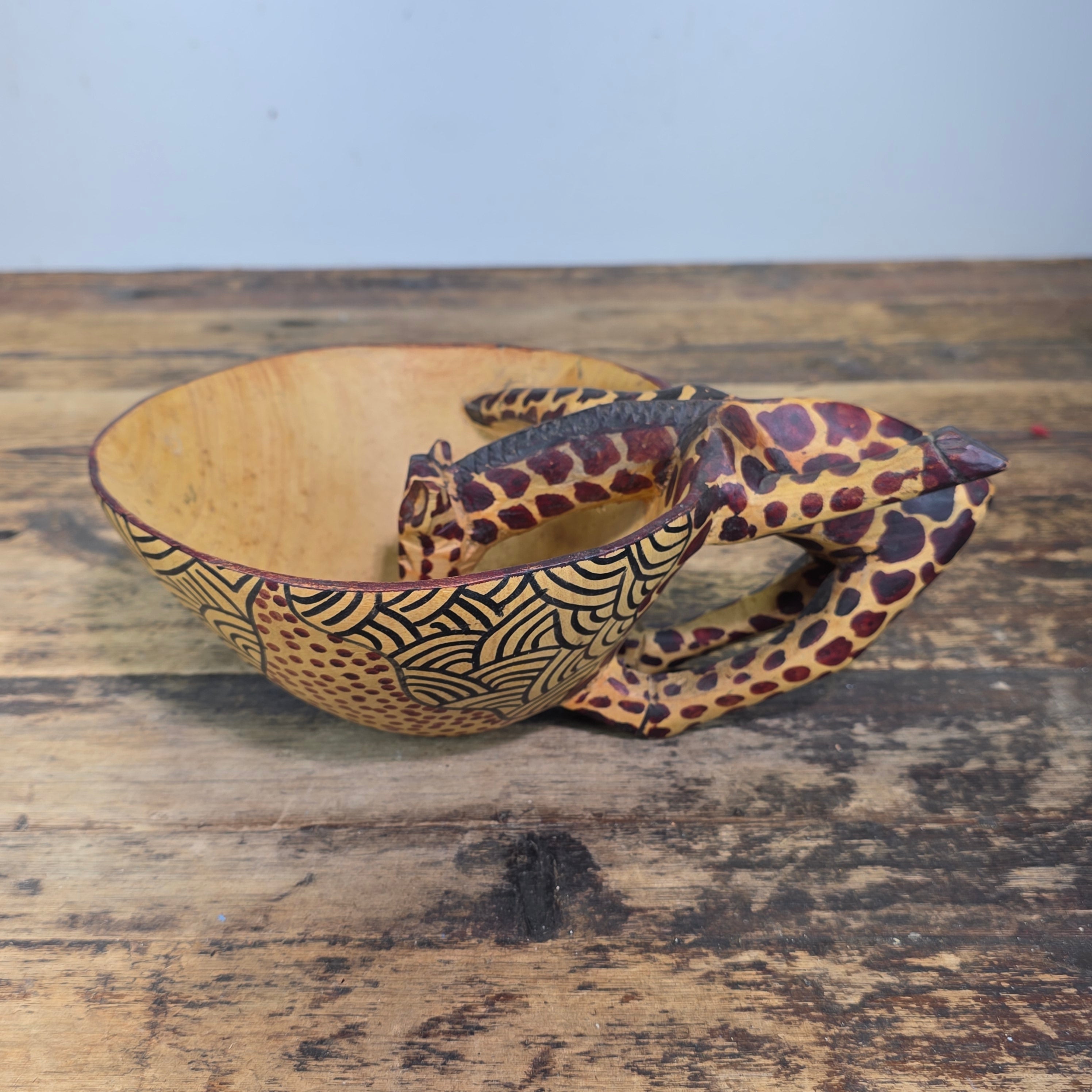Vintage Hand Carved Wooden Giraffe Bowl African Folk Art Wood Animal Scuplture