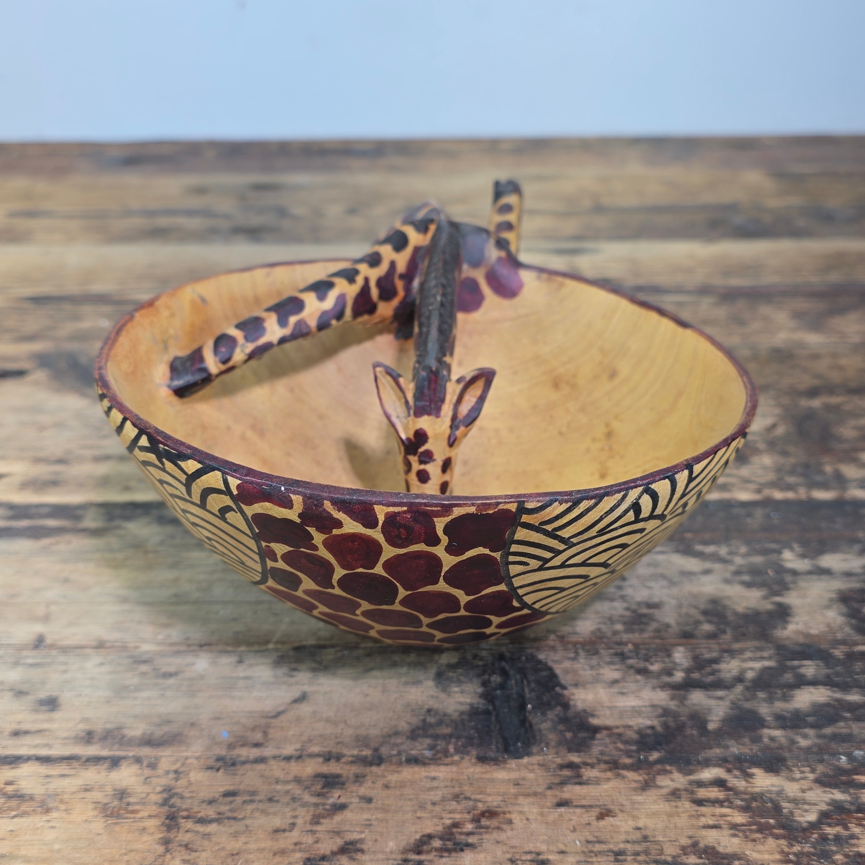 Vintage Hand Carved Wooden Giraffe Bowl African Folk Art Wood Animal Scuplture