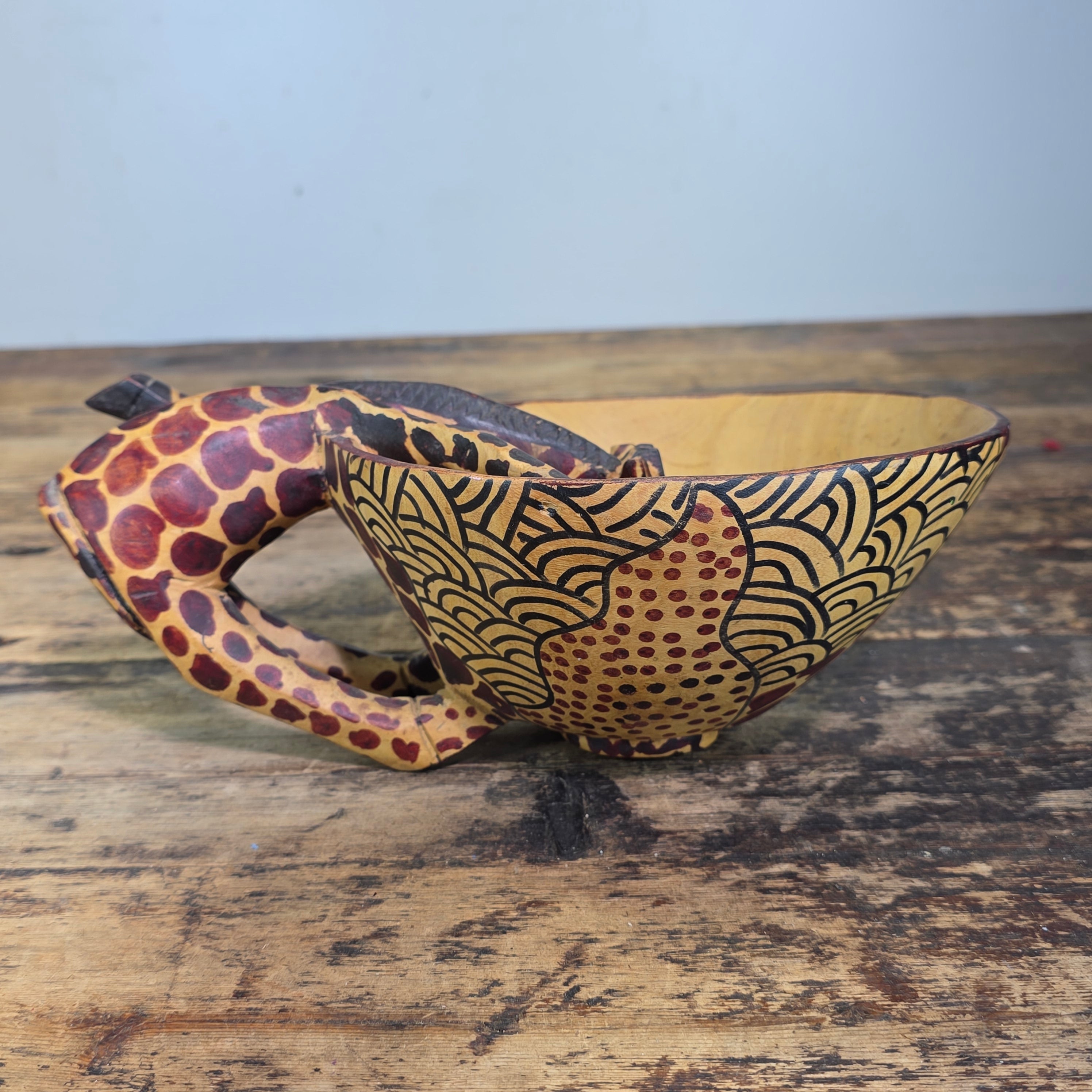 Vintage Hand Carved Wooden Giraffe Bowl African Folk Art Wood Animal Scuplture