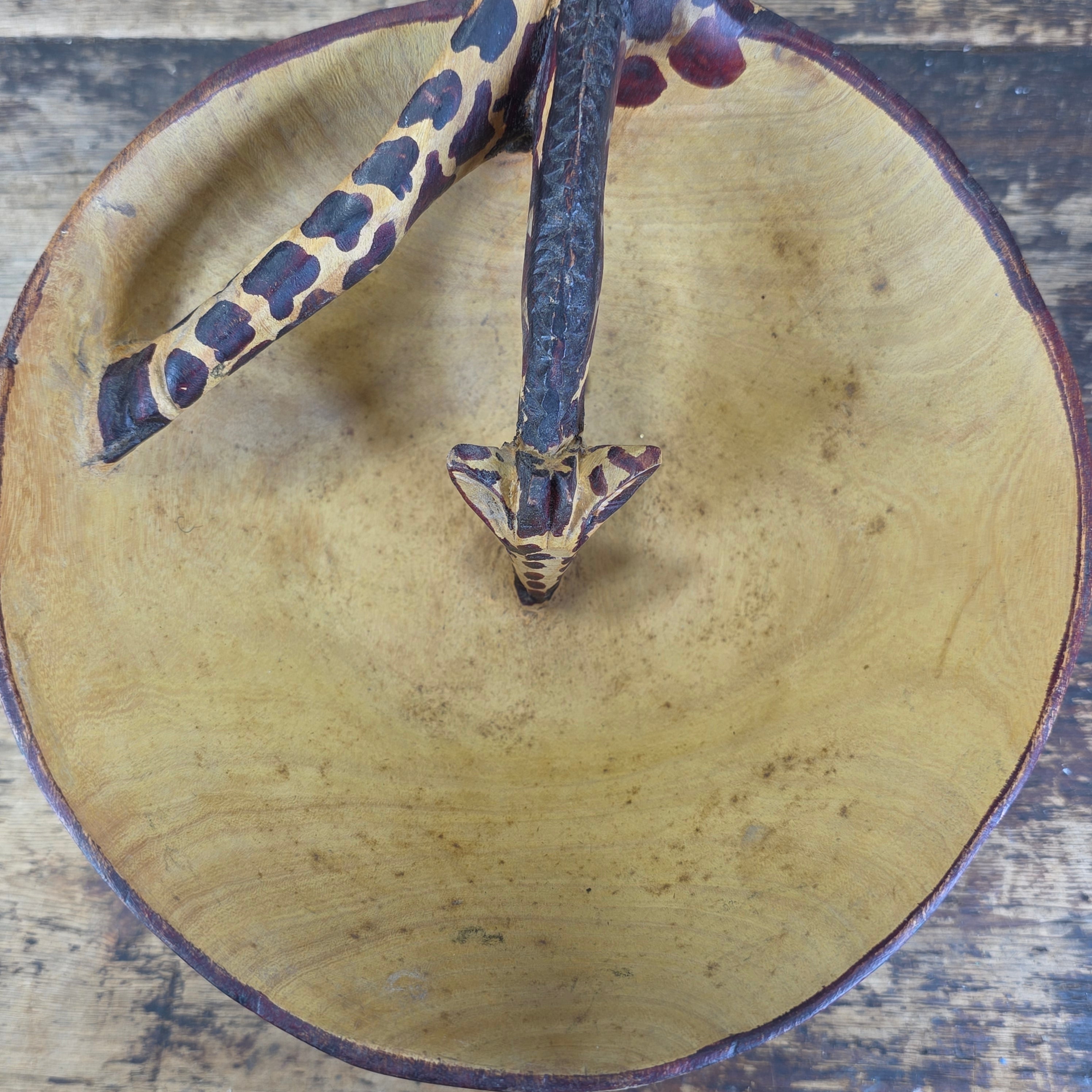 Vintage Hand Carved Wooden Giraffe Bowl African Folk Art Wood Animal Scuplture