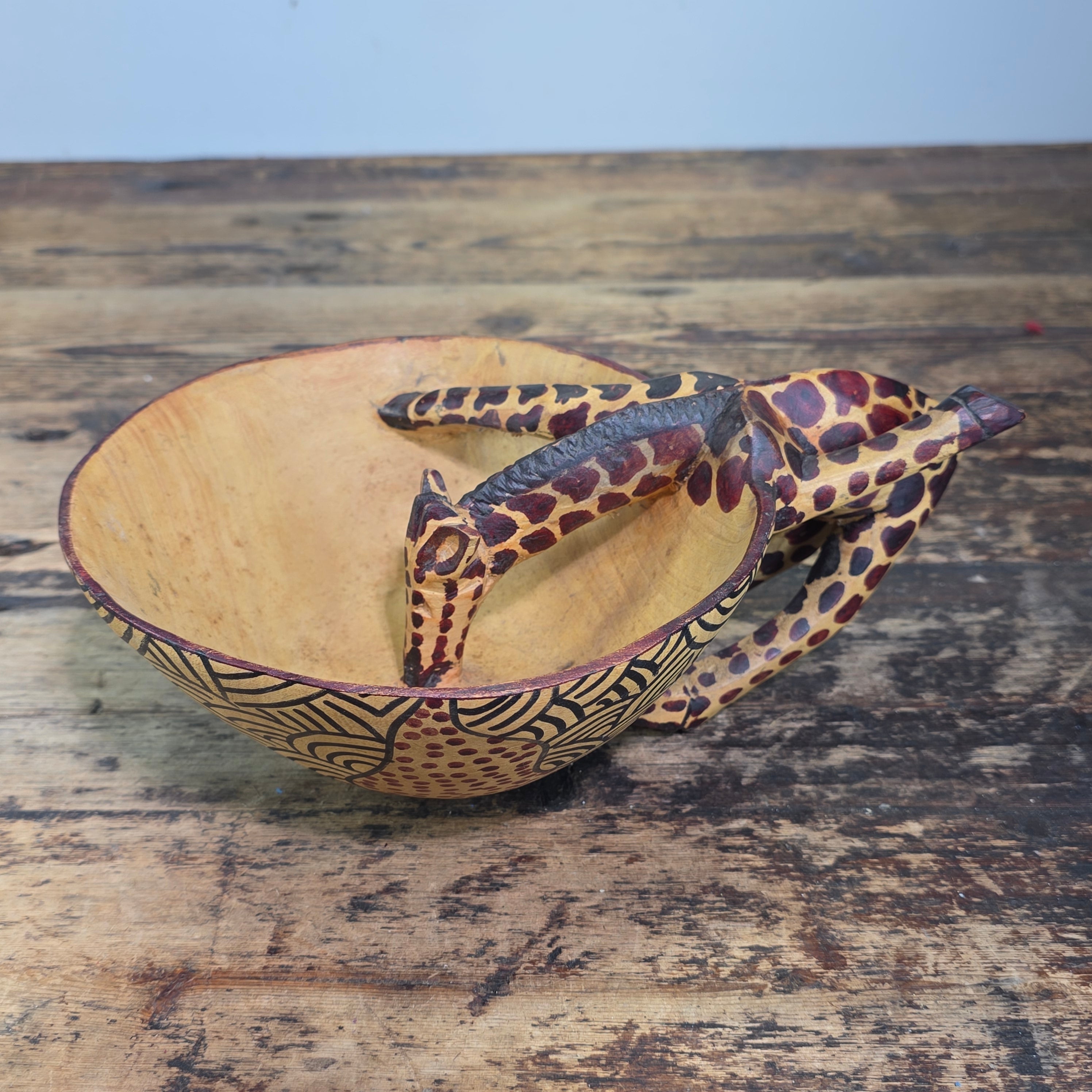 Vintage Hand Carved Wooden Giraffe Bowl African Folk Art Wood Animal Scuplture