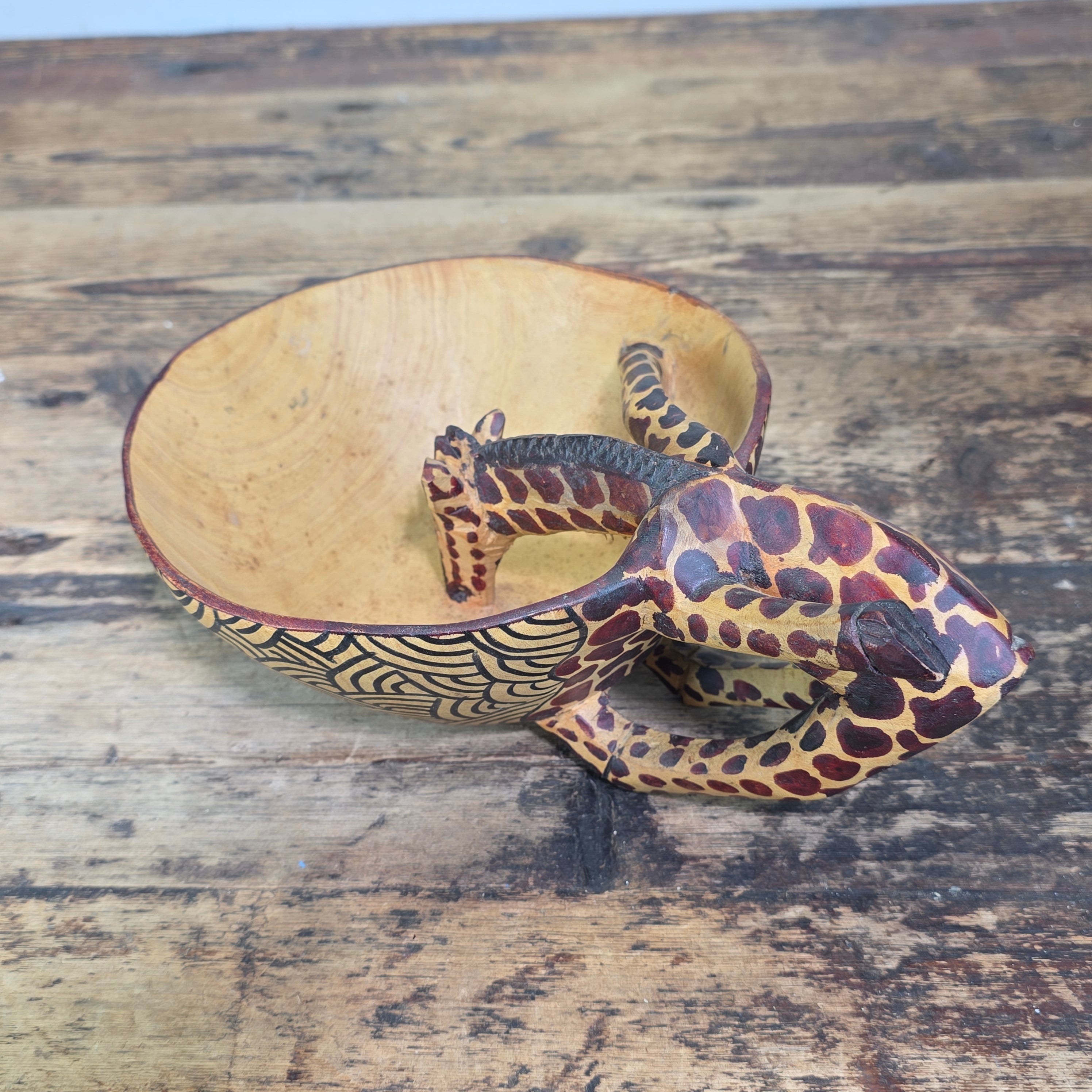 Vintage Hand Carved Wooden Giraffe Bowl African Folk Art Wood Animal Scuplture