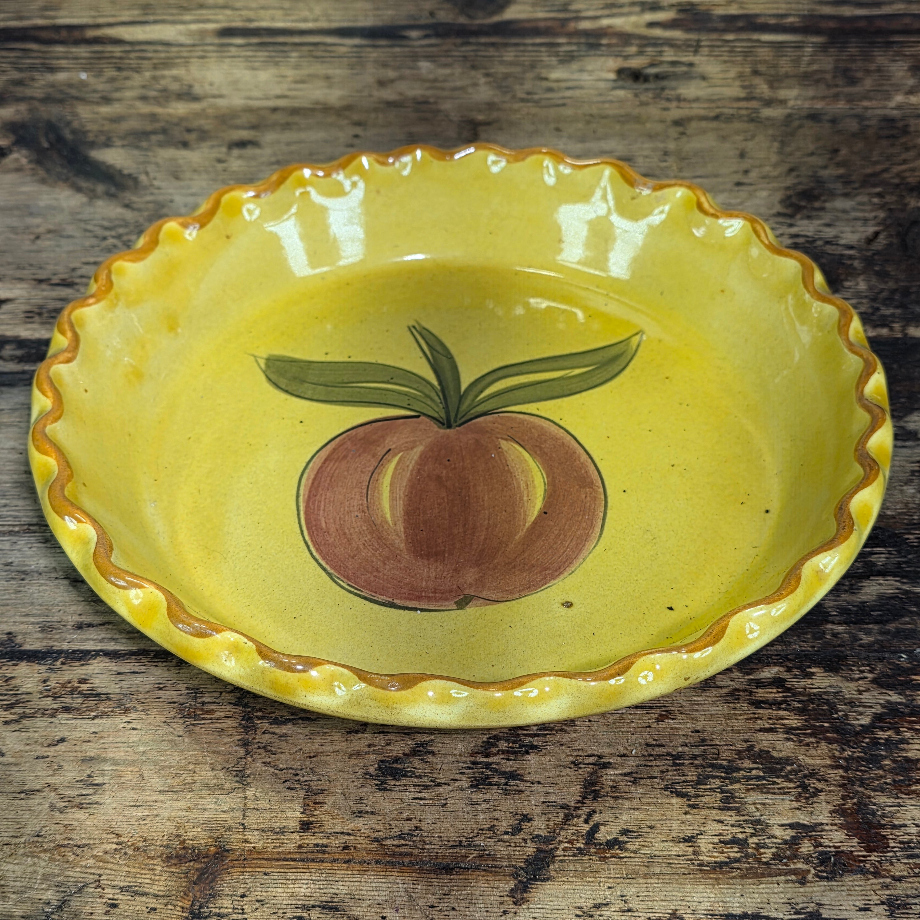 Vintage 1971 Los Angeles Potteries Yellow Pie Dish Peach Fruit Ceramic Pan 630
