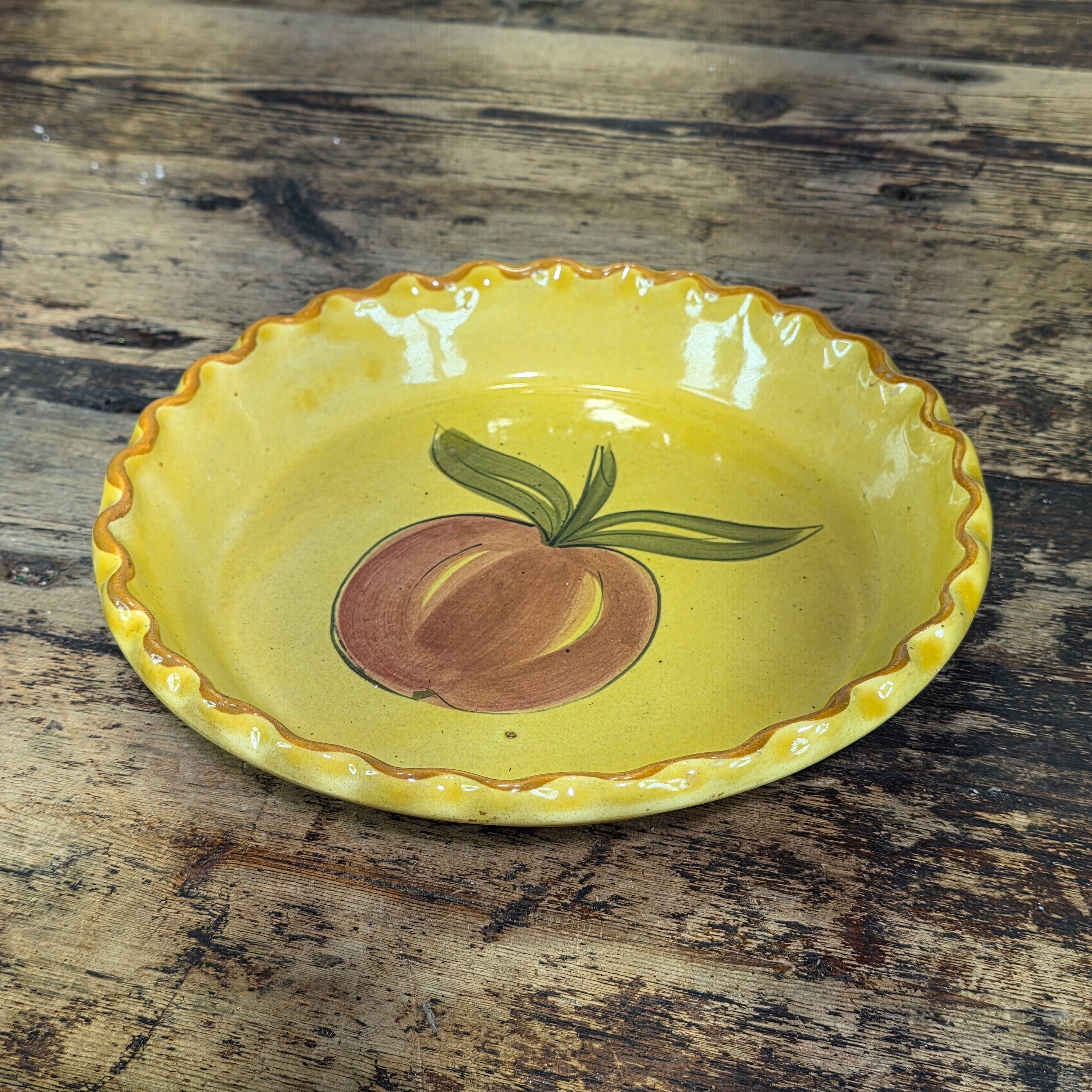 Vintage 1971 Los Angeles Potteries Yellow Pie Dish Peach Fruit Ceramic Pan 630