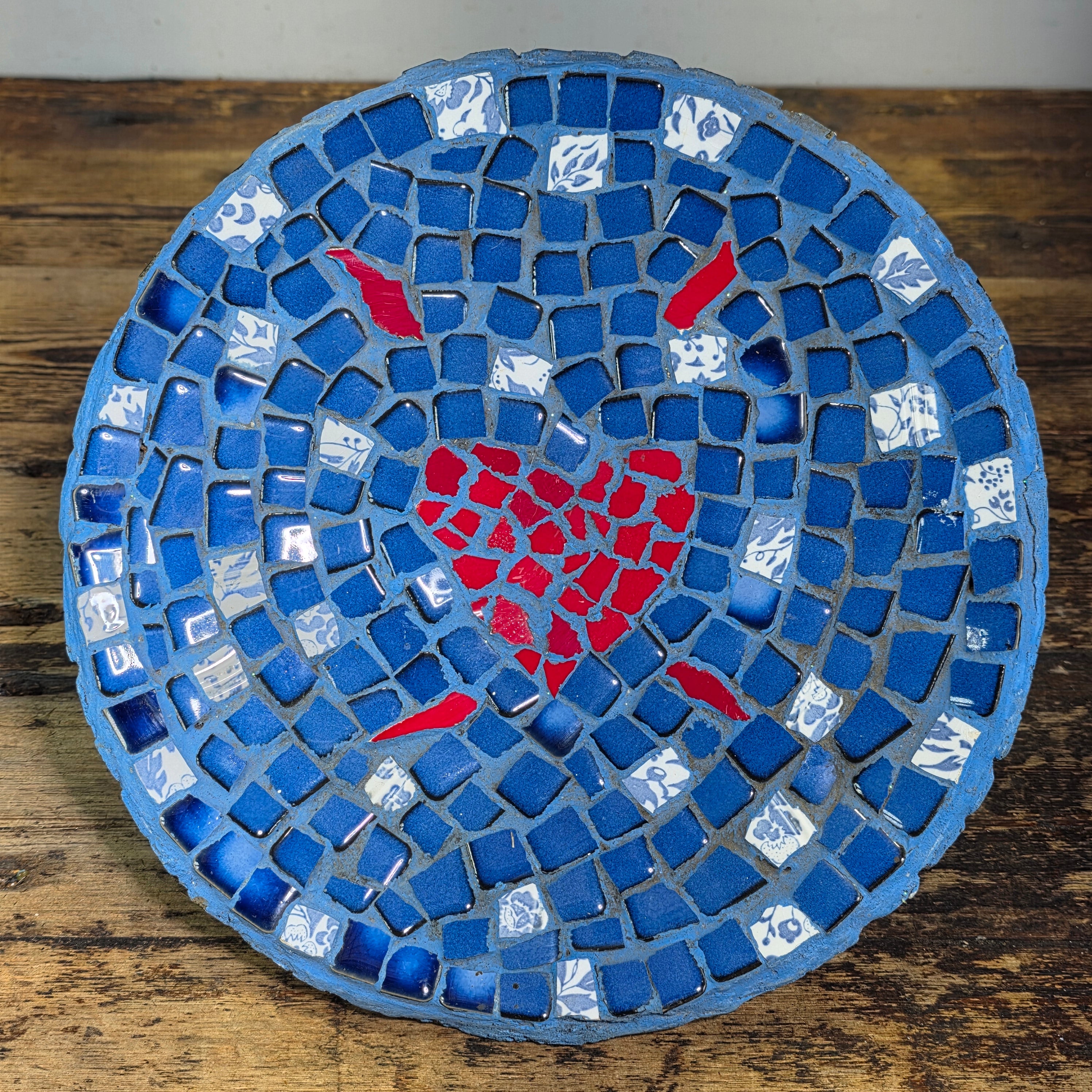 Mosaic Tile Pedestal Bowl Cobalt Blue Red Heart Handcrafted Decorative Dish 11"