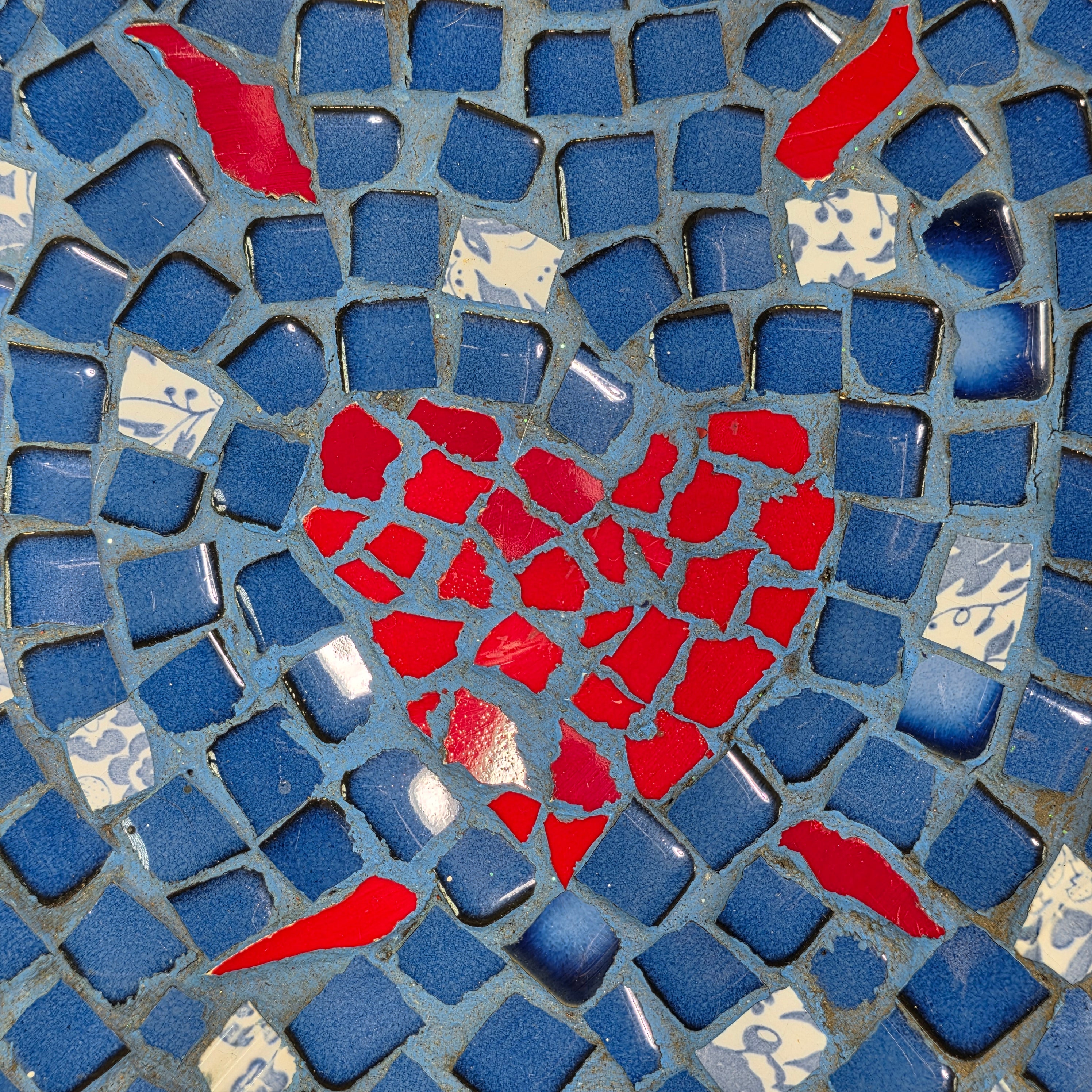 Mosaic Tile Pedestal Bowl Cobalt Blue Red Heart Handcrafted Decorative Dish 11"