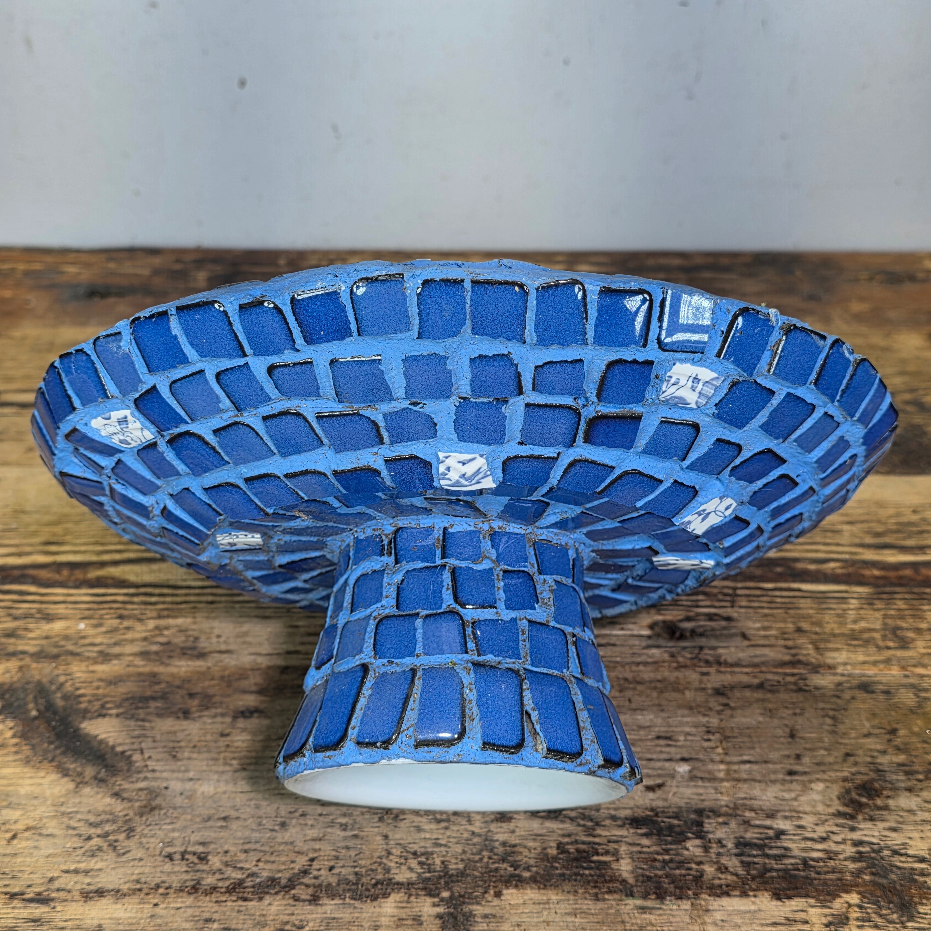 Mosaic Tile Pedestal Bowl Cobalt Blue Red Heart Handcrafted Decorative Dish 11"
