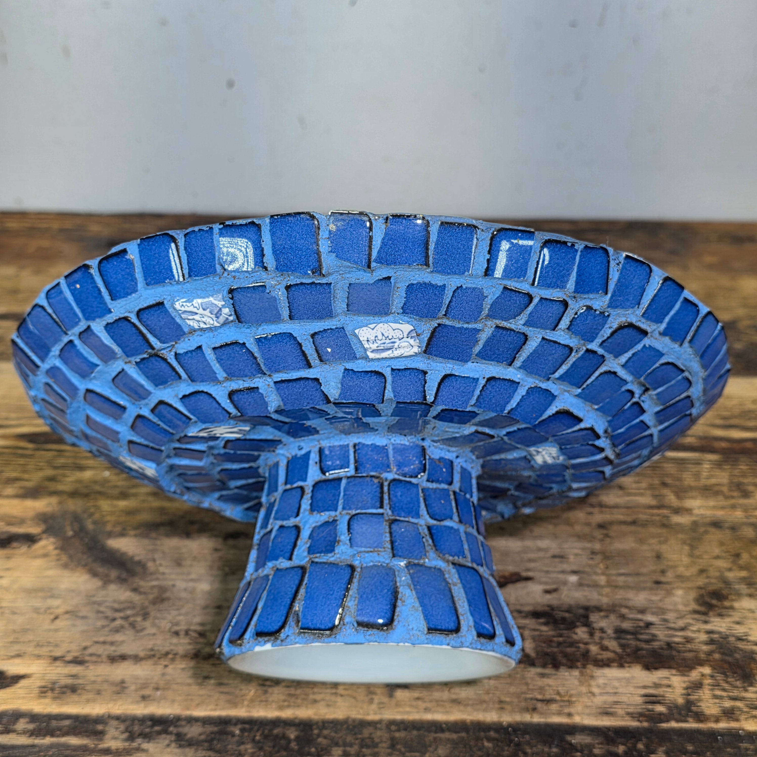 Mosaic Tile Pedestal Bowl Cobalt Blue Red Heart Handcrafted Decorative Dish 11"