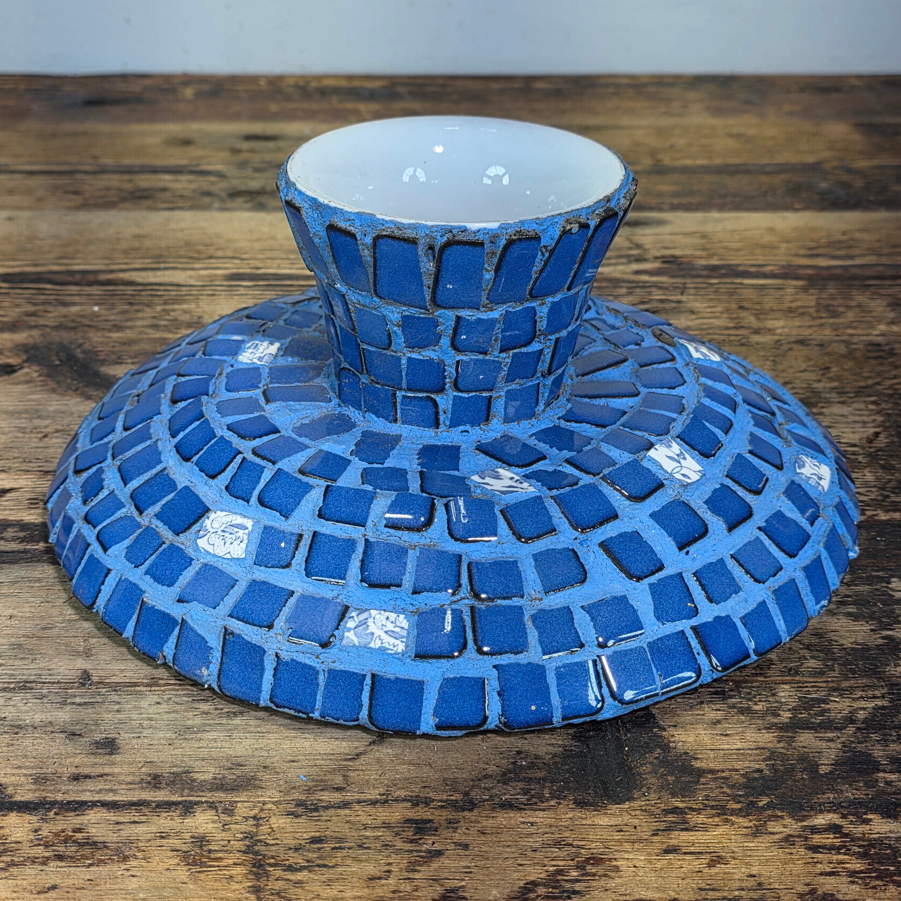 Mosaic Tile Pedestal Bowl Cobalt Blue Red Heart Handcrafted Decorative Dish 11"