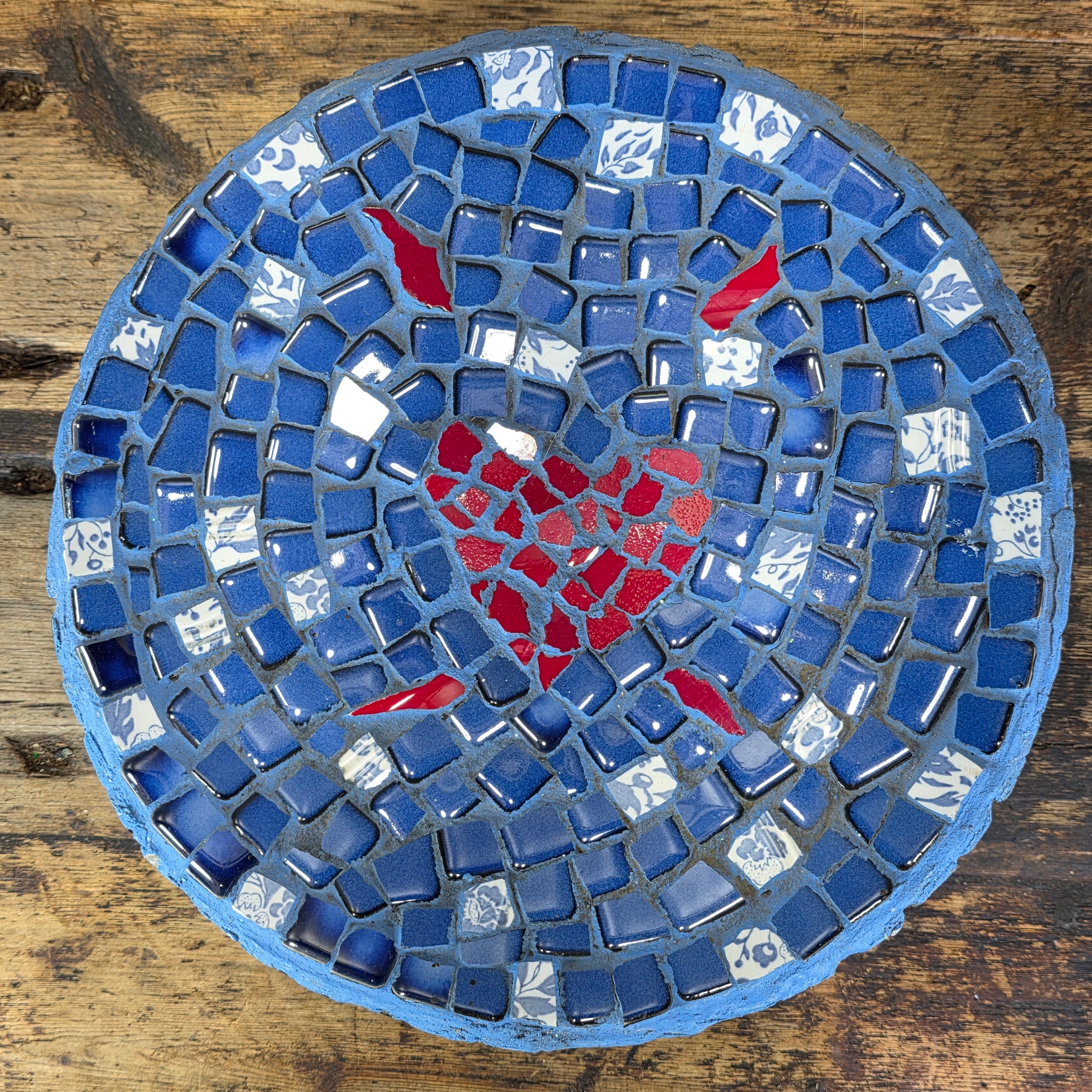 Mosaic Tile Pedestal Bowl Cobalt Blue Red Heart Handcrafted Decorative Dish 11"