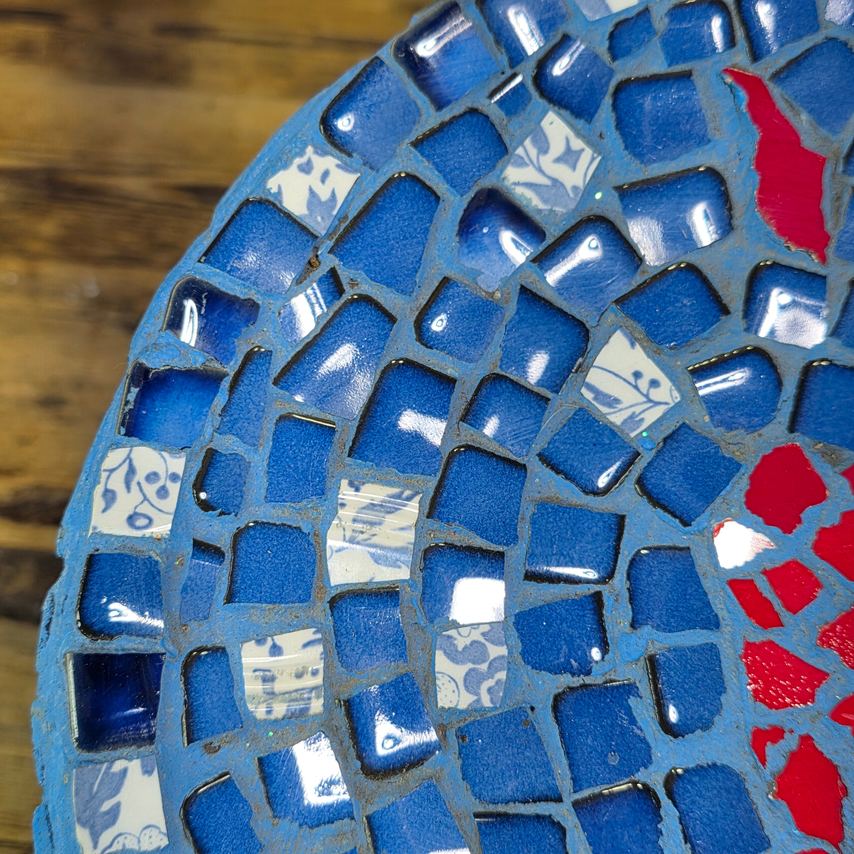 Mosaic Tile Pedestal Bowl Cobalt Blue Red Heart Handcrafted Decorative Dish 11"