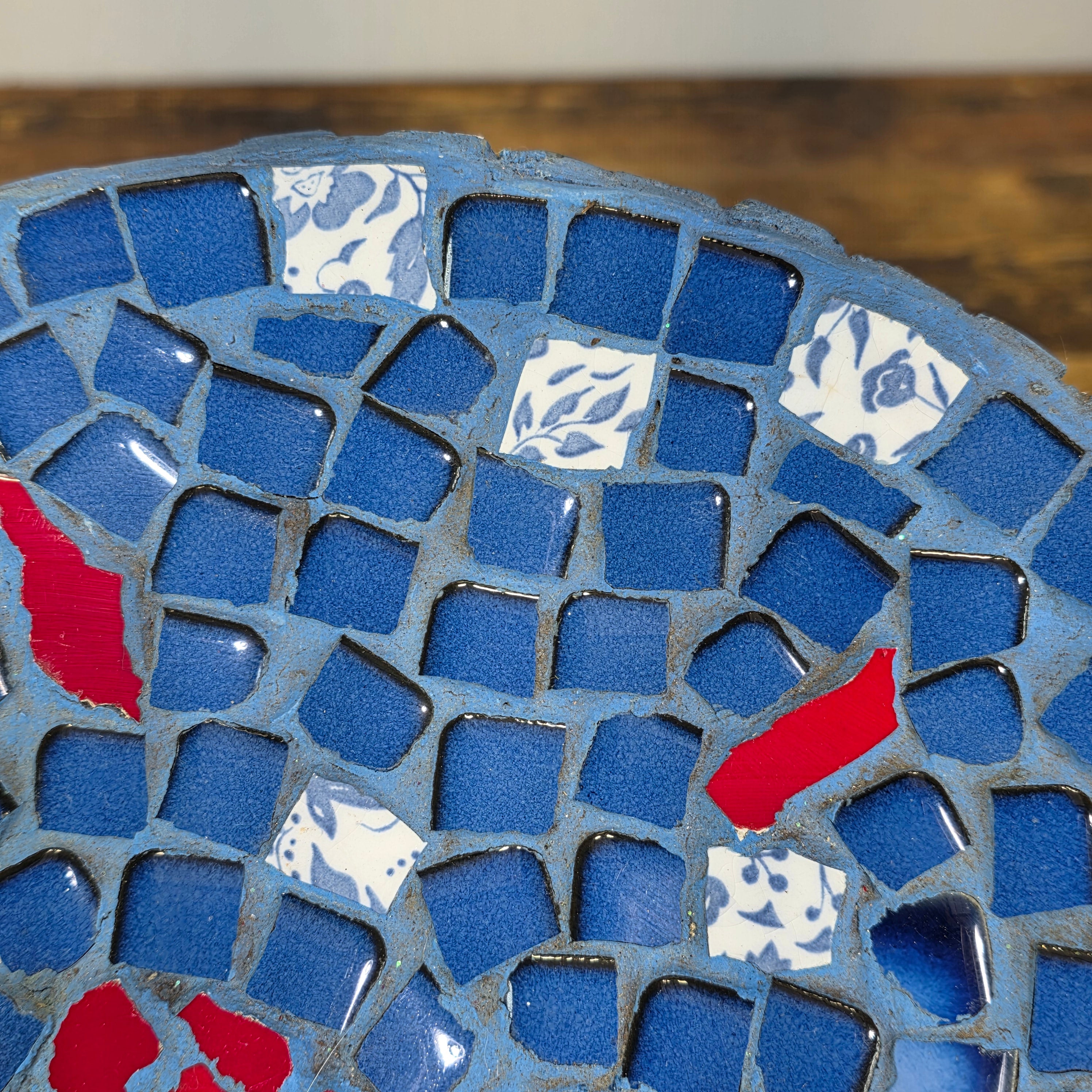 Mosaic Tile Pedestal Bowl Cobalt Blue Red Heart Handcrafted Decorative Dish 11"