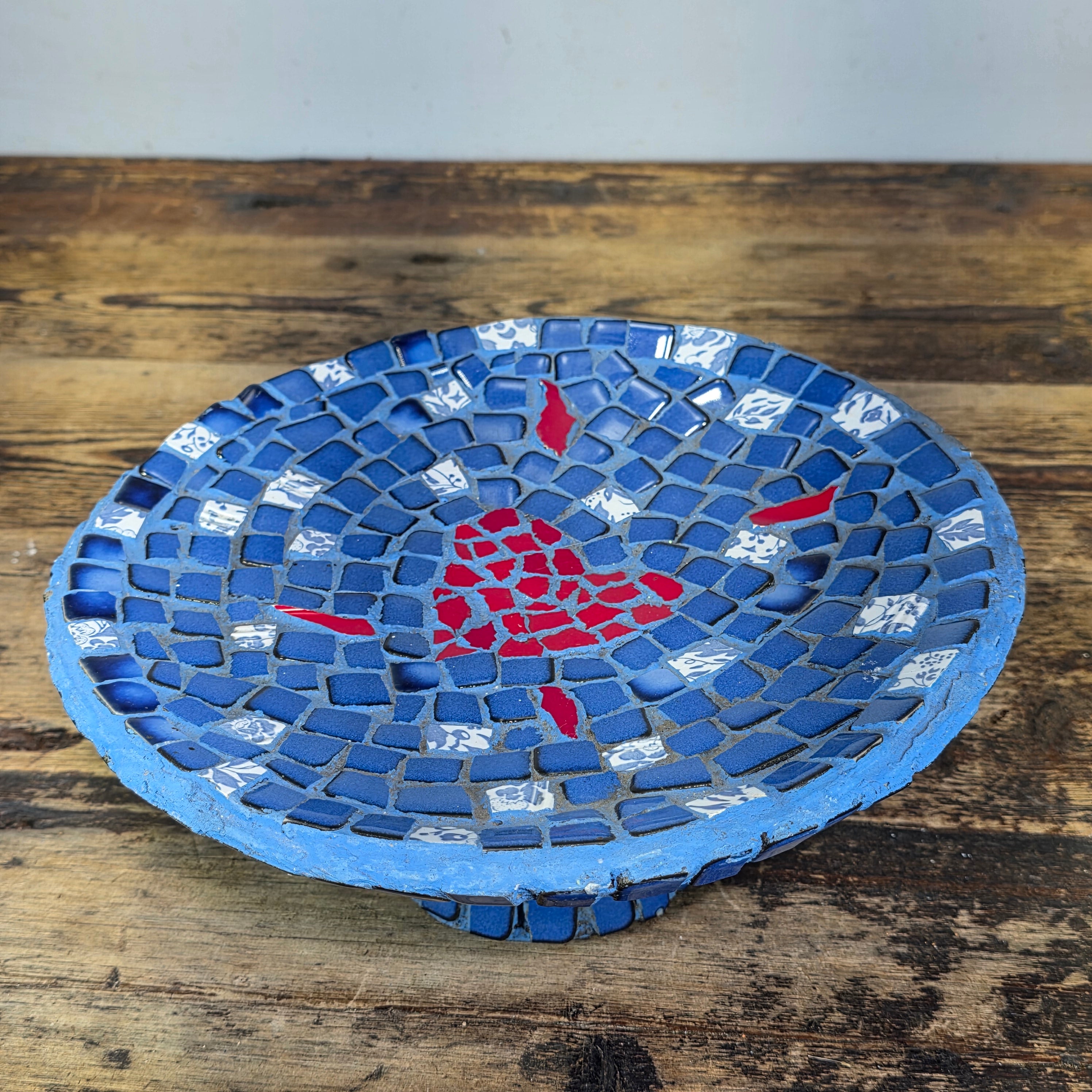 Mosaic Tile Pedestal Bowl Cobalt Blue Red Heart Handcrafted Decorative Dish 11"