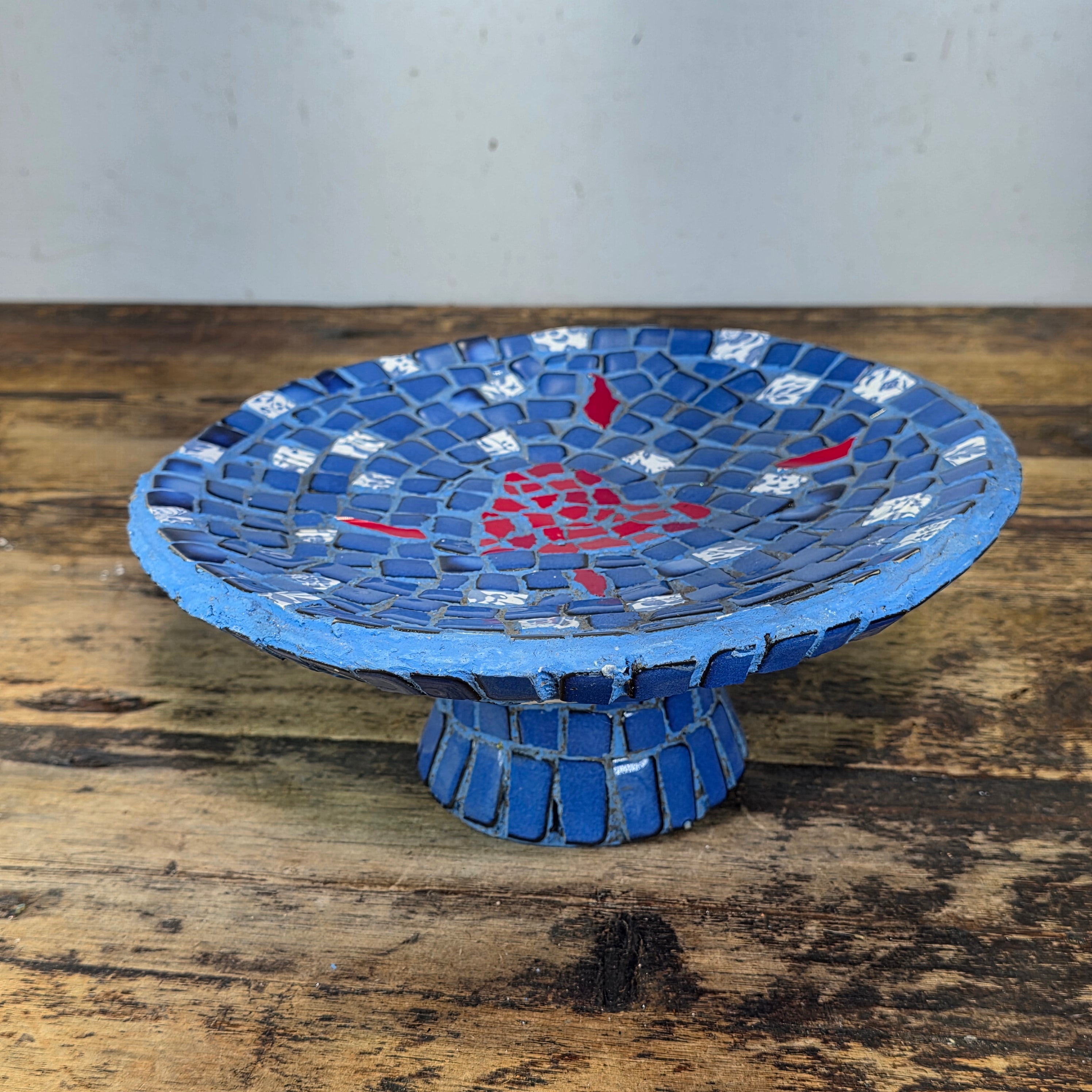 Mosaic Tile Pedestal Bowl Cobalt Blue Red Heart Handcrafted Decorative Dish 11"