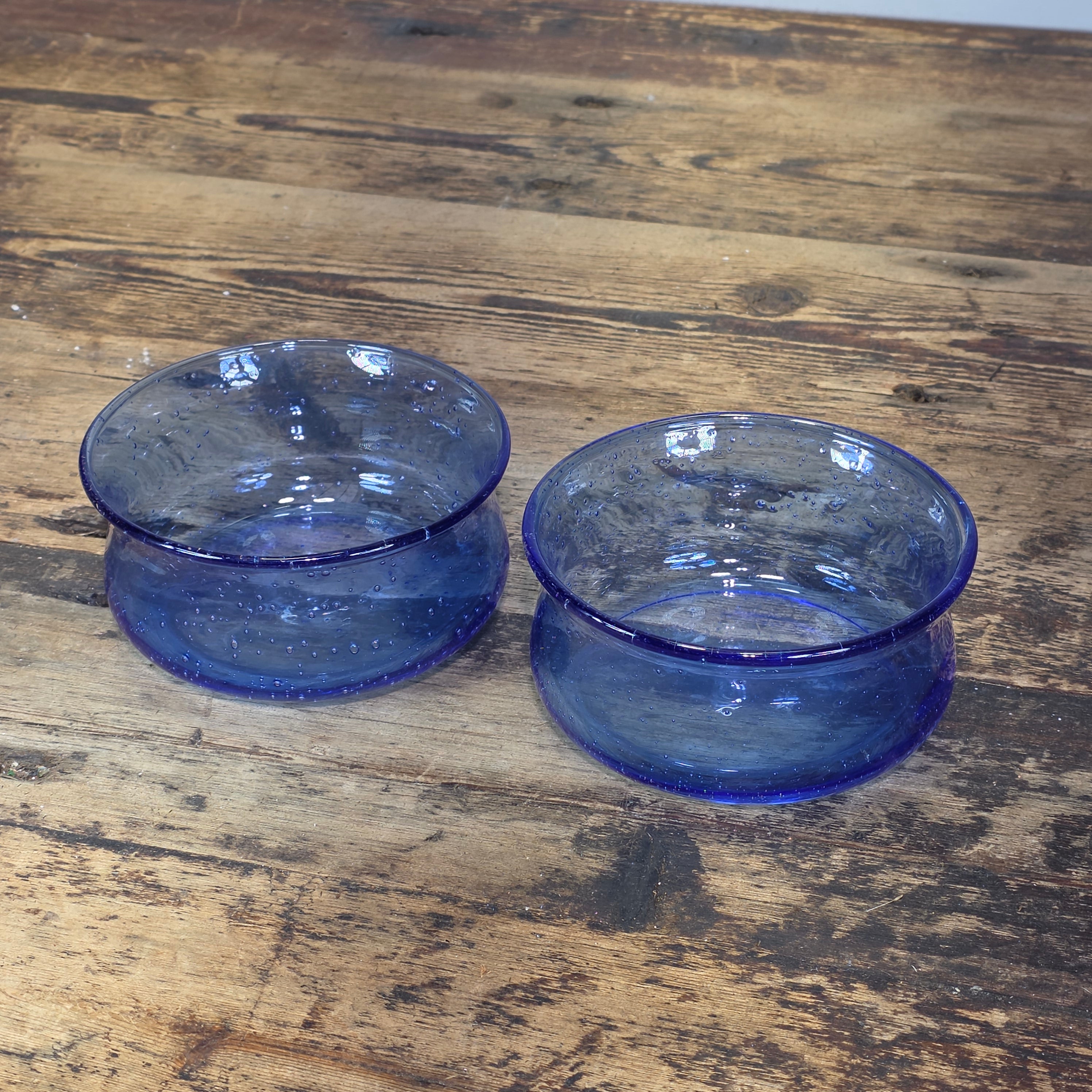 Vintage Cobalt Blue Seeded Glass Bowl Pair MCM Hand Blown Flared Small Catchall