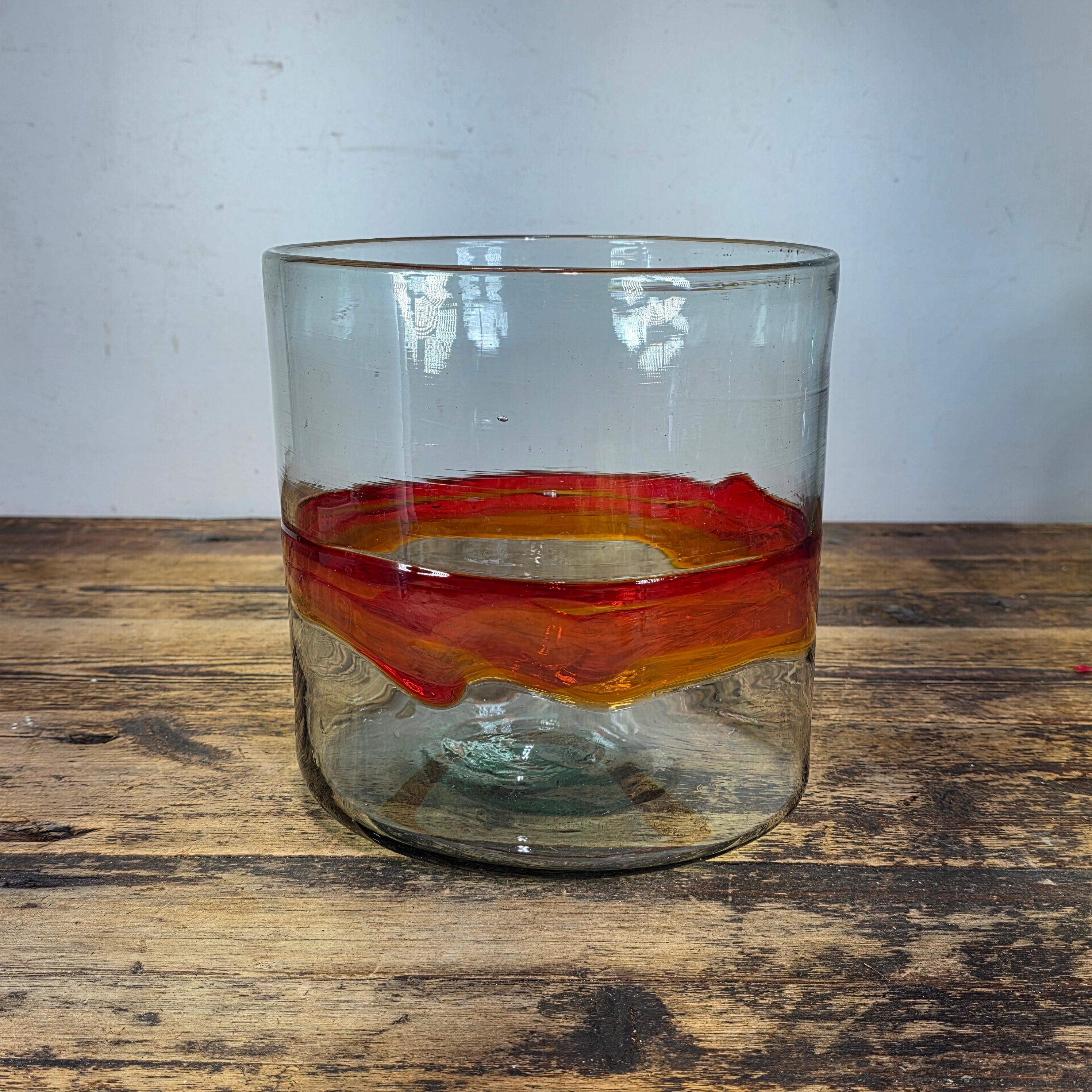 Vintage MCM Art Glass Bowl Cylinder Planter Vase Orange Red Band Blown Large 8"