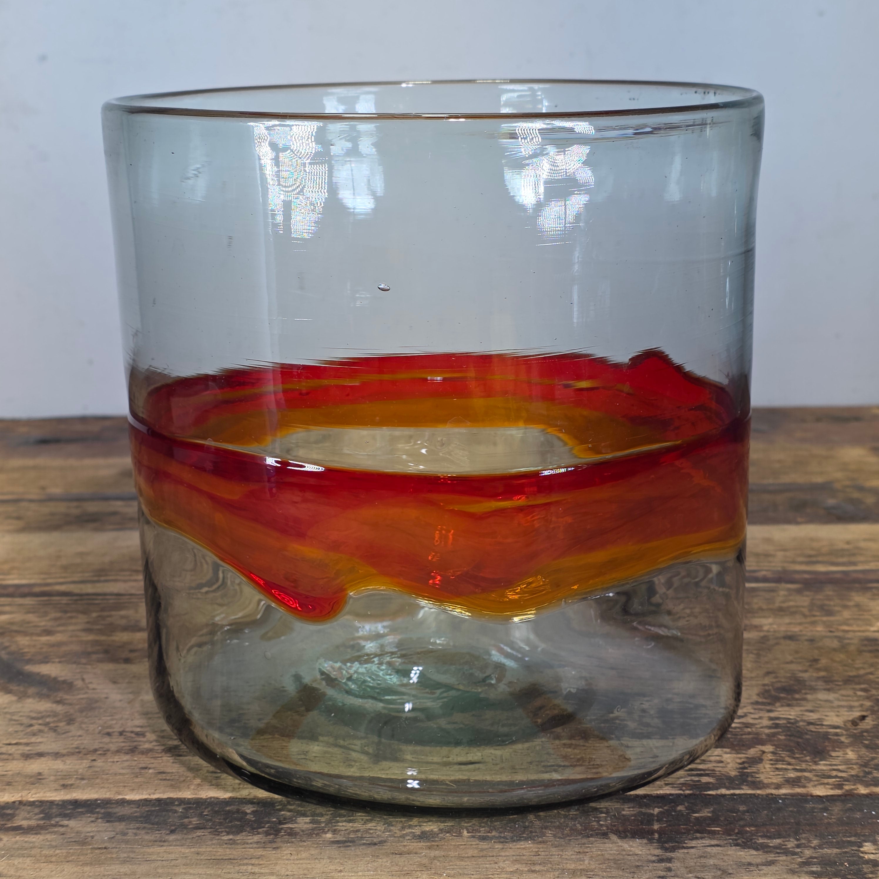 Vintage MCM Art Glass Bowl Cylinder Planter Vase Orange Red Band Blown Large 8"