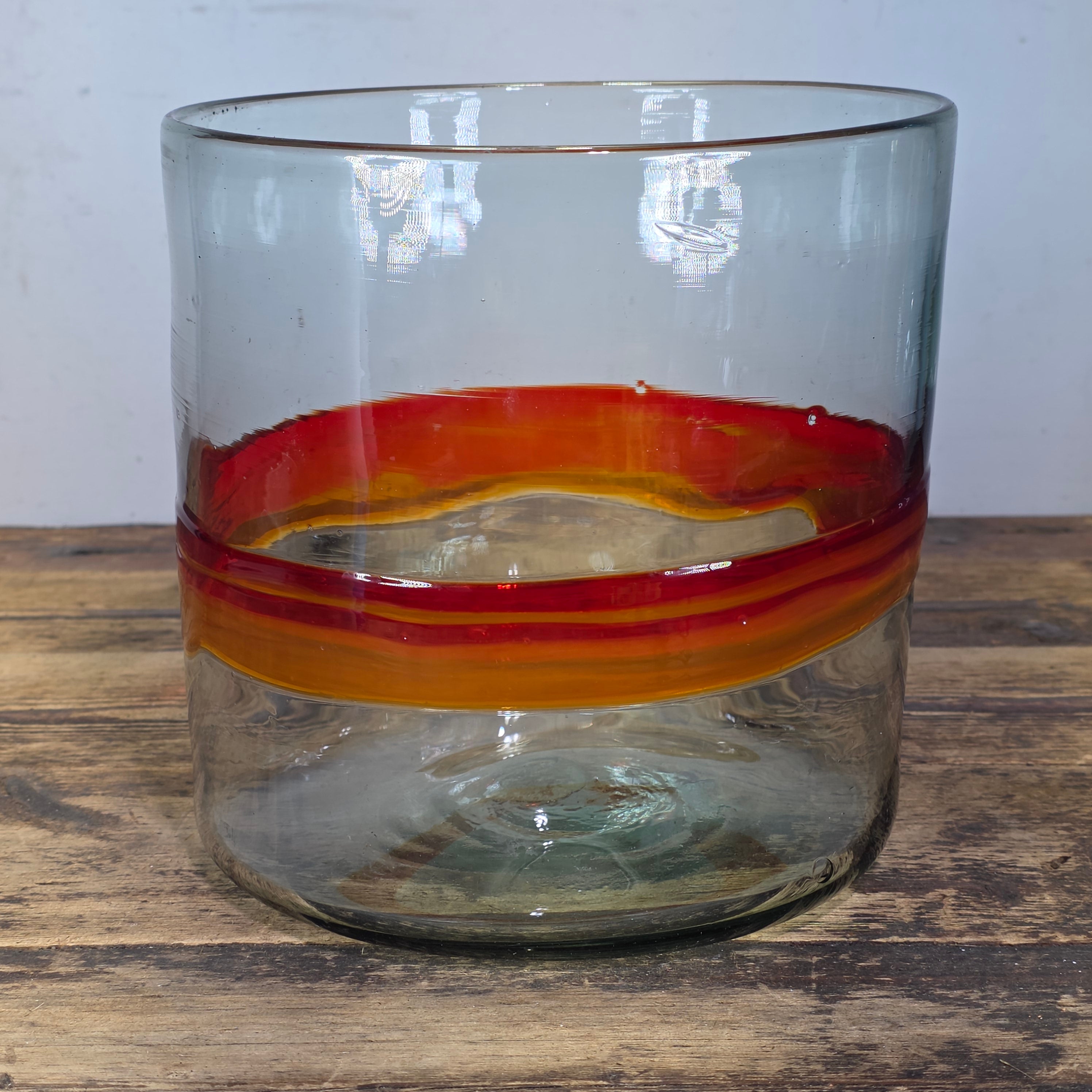 Vintage MCM Art Glass Bowl Cylinder Planter Vase Orange Red Band Blown Large 8"