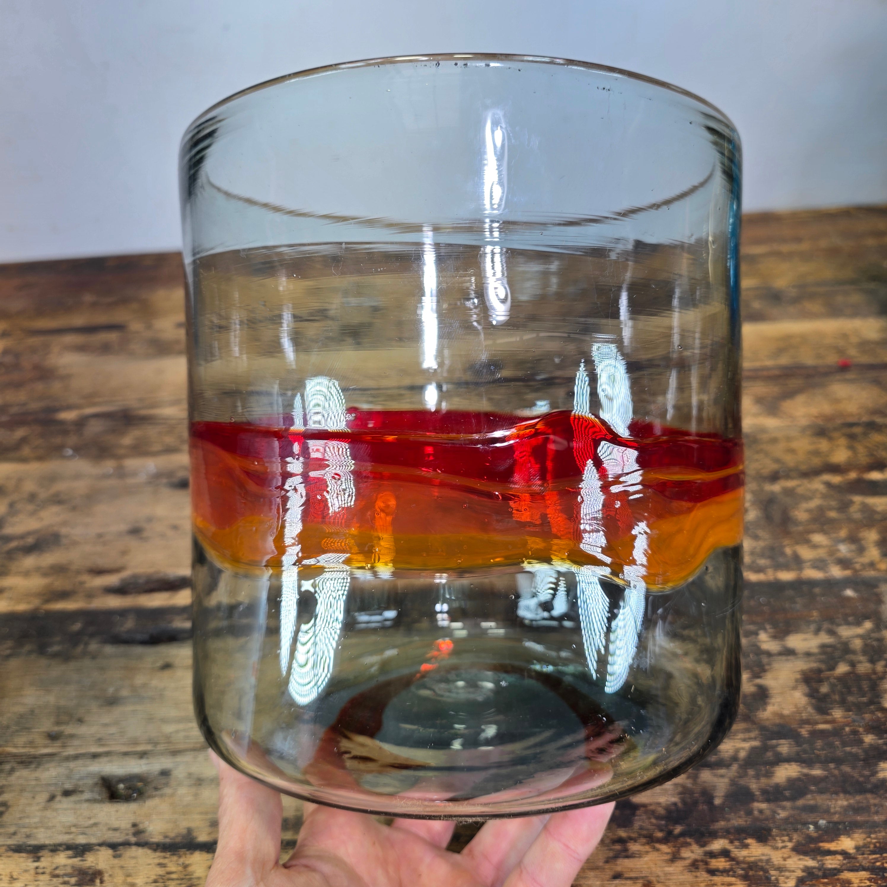 Vintage MCM Art Glass Bowl Cylinder Planter Vase Orange Red Band Blown Large 8"