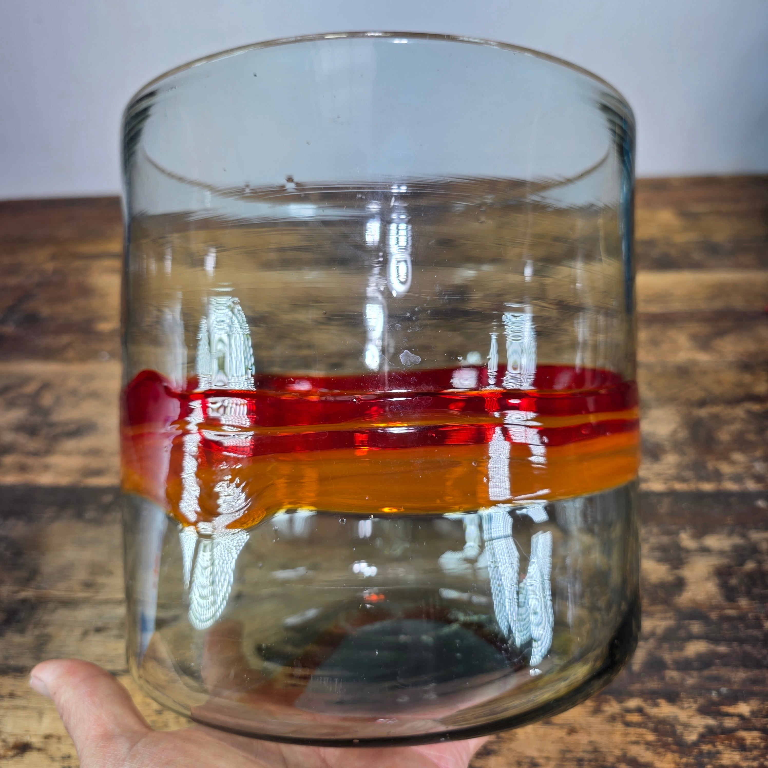 Vintage MCM Art Glass Bowl Cylinder Planter Vase Orange Red Band Blown Large 8"