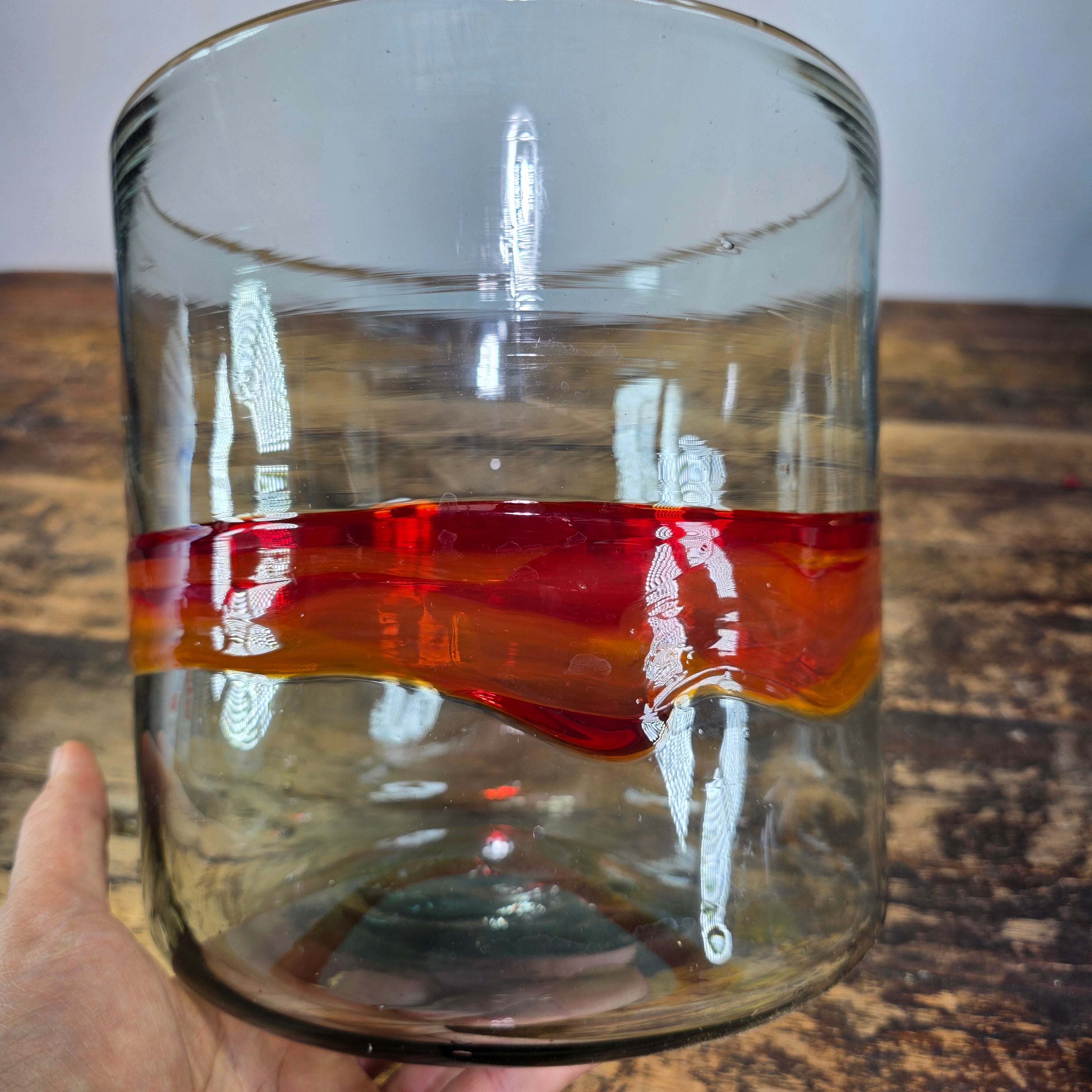 Vintage MCM Art Glass Bowl Cylinder Planter Vase Orange Red Band Blown Large 8"