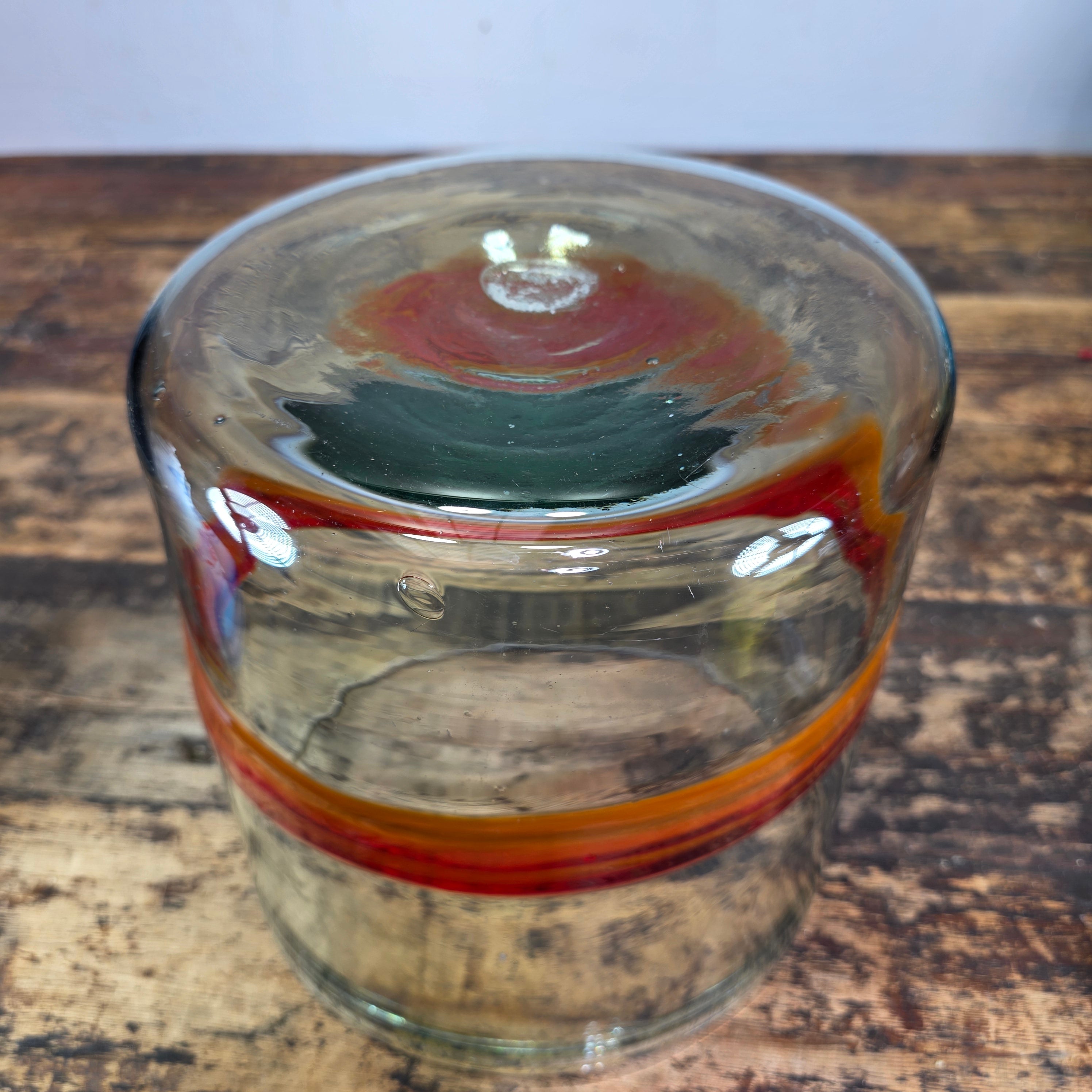 Vintage MCM Art Glass Bowl Cylinder Planter Vase Orange Red Band Blown Large 8"