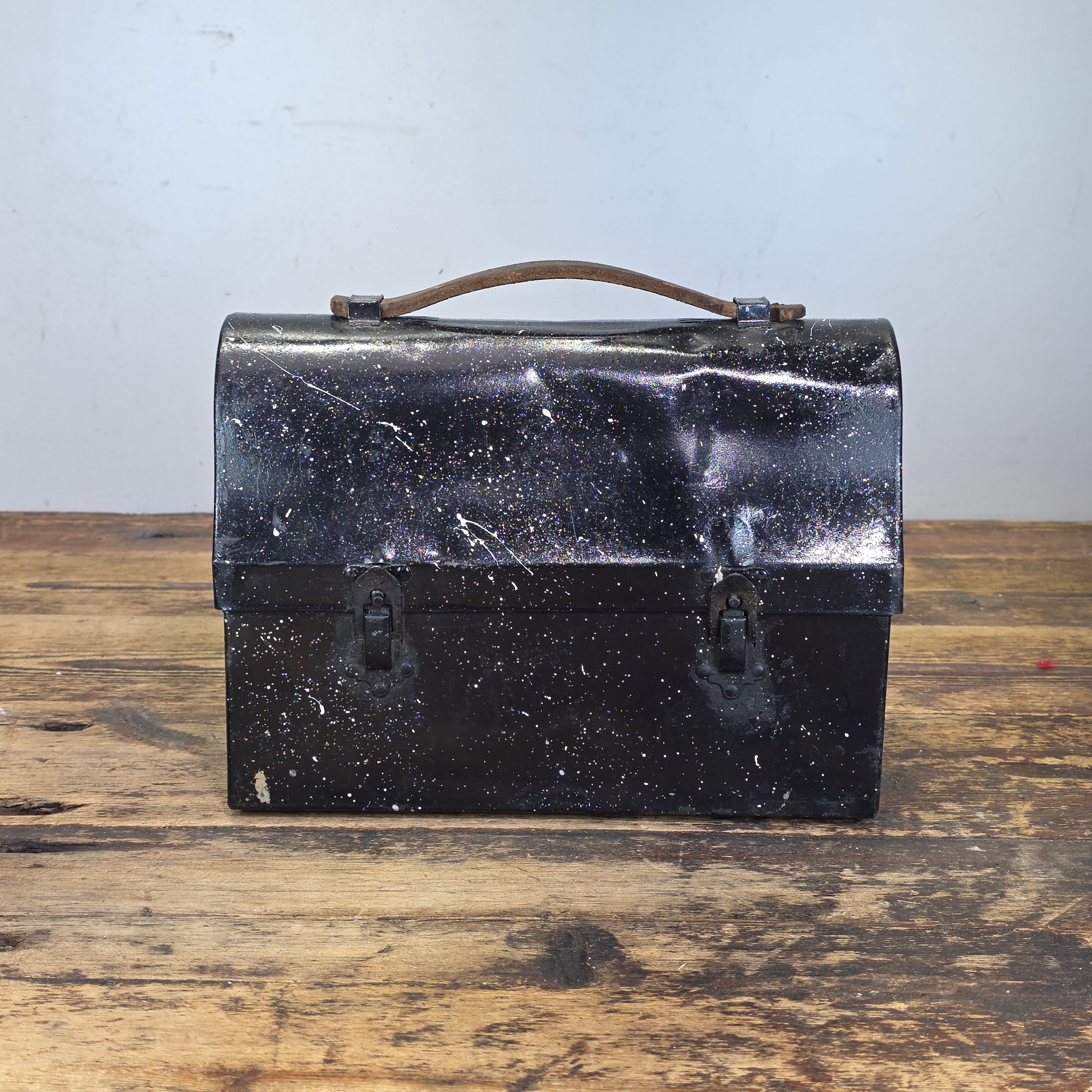 Vintage Thermos Black Dome Metal Lunch Box Leather Handle Miner Pail Antique