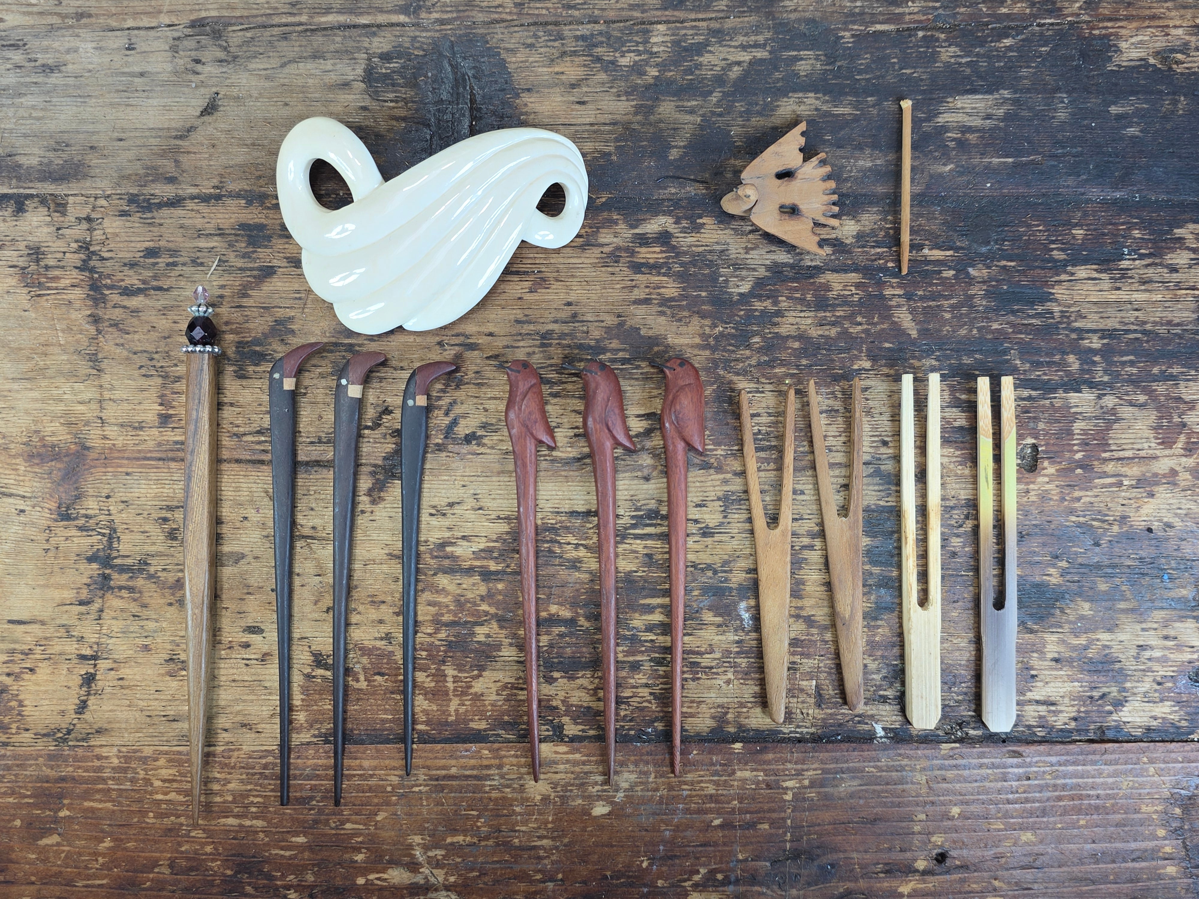 Share Vintage Kanzashi Hair Stick Lot Carved Wood Bird Bamboo Fruit Pick Mixed Assort