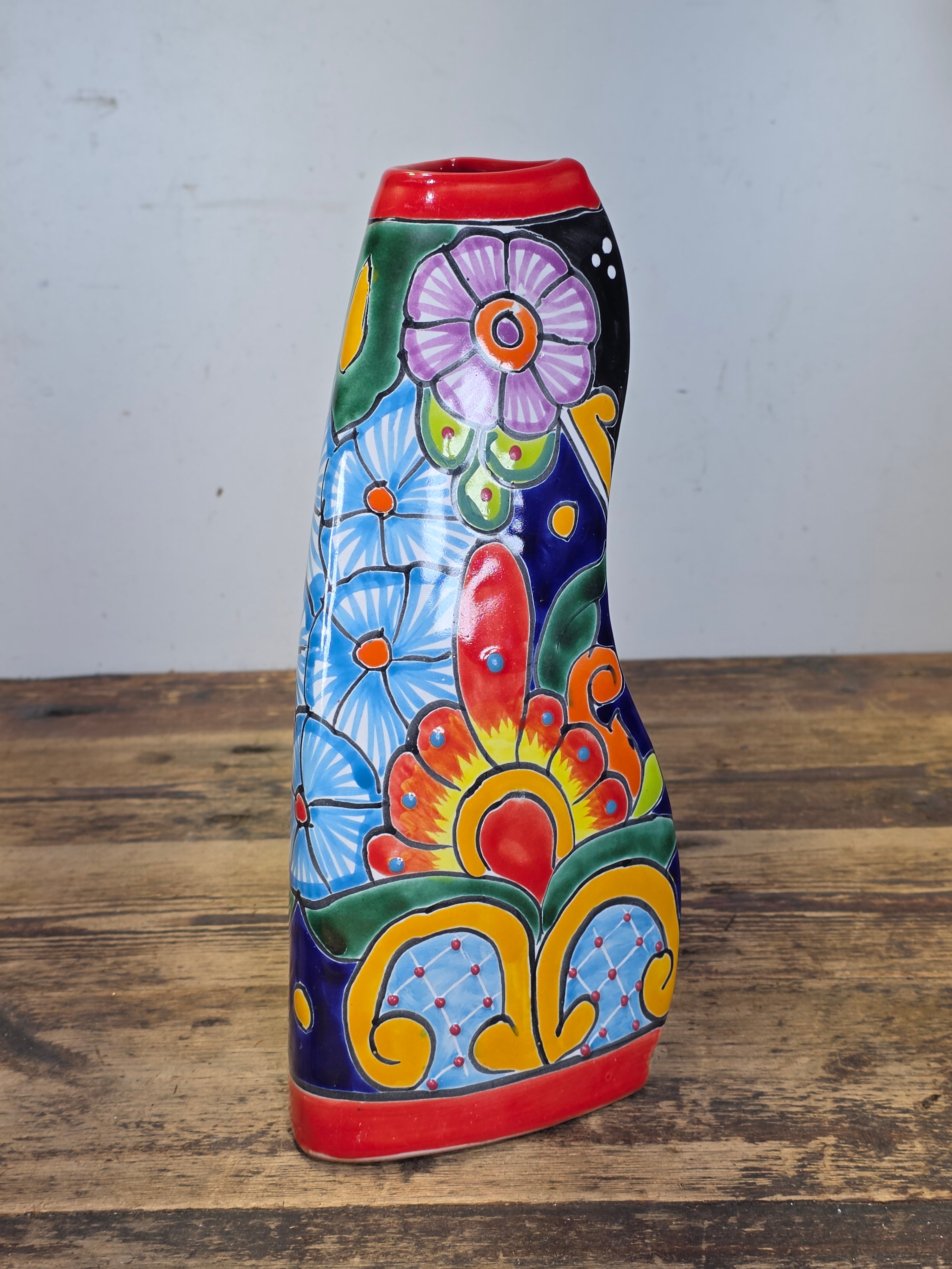 Talavera Mexican Pottery Vase Vintage Hand Painted Triangle Flower Floral Mexico