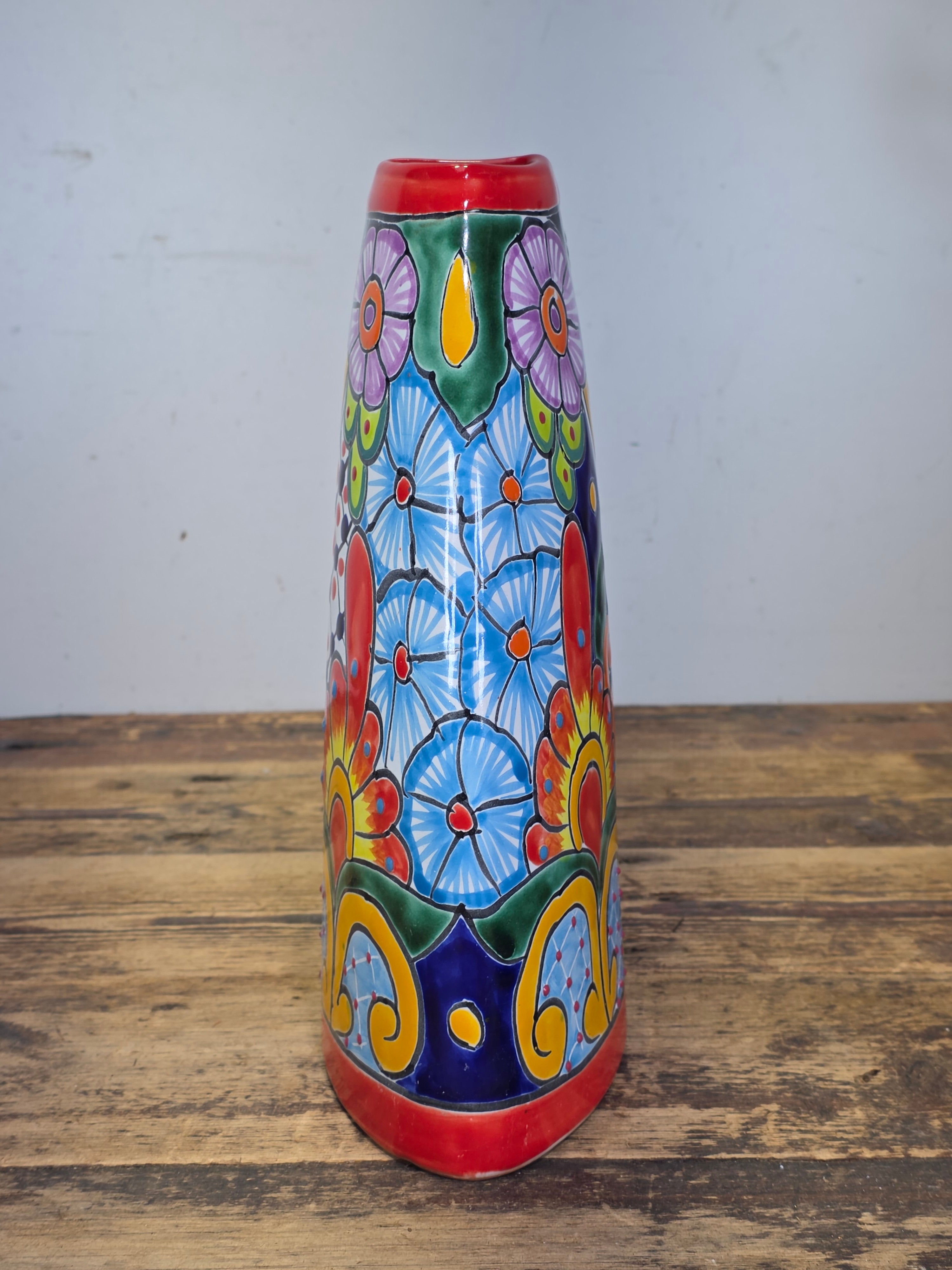 Talavera Mexican Pottery Vase Vintage Hand Painted Triangle Flower Floral Mexico