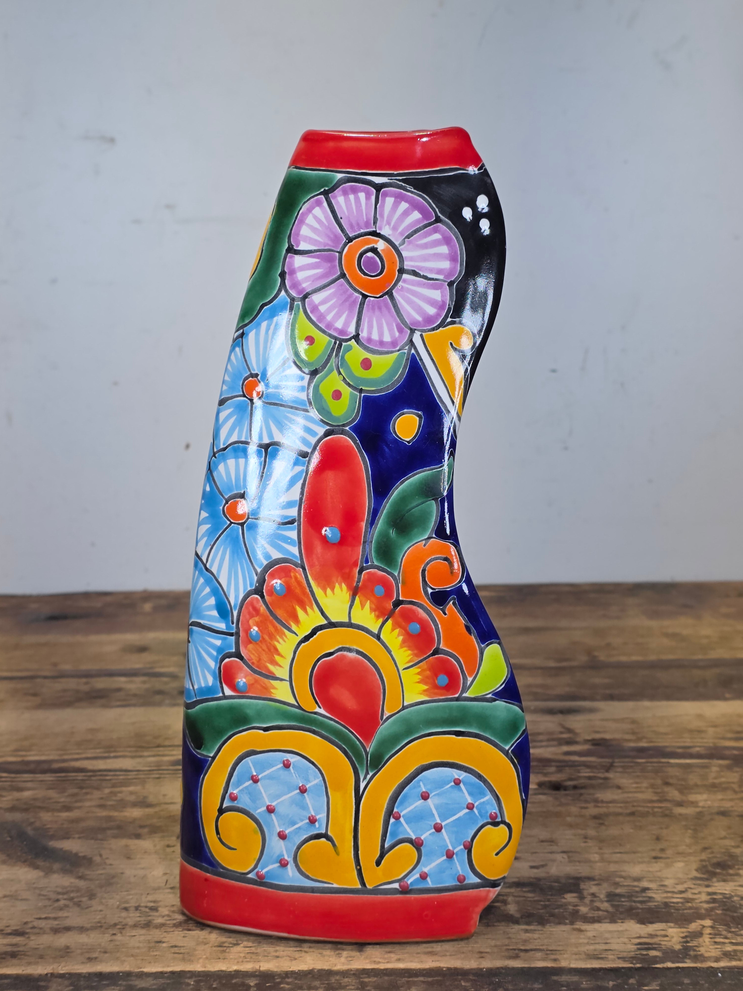 Talavera Mexican Pottery Vase Vintage Hand Painted Triangle Flower Floral Mexico