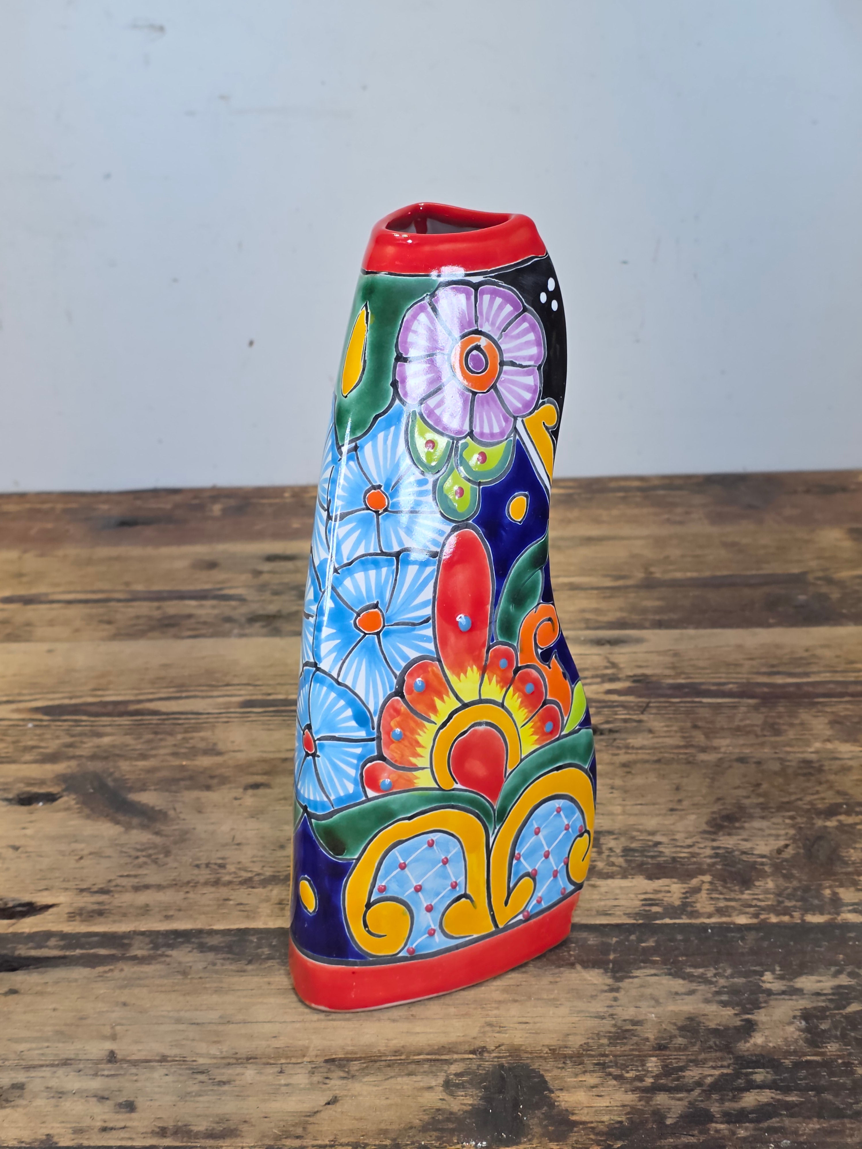 Talavera Mexican Pottery Vase Vintage Hand Painted Triangle Flower Floral Mexico