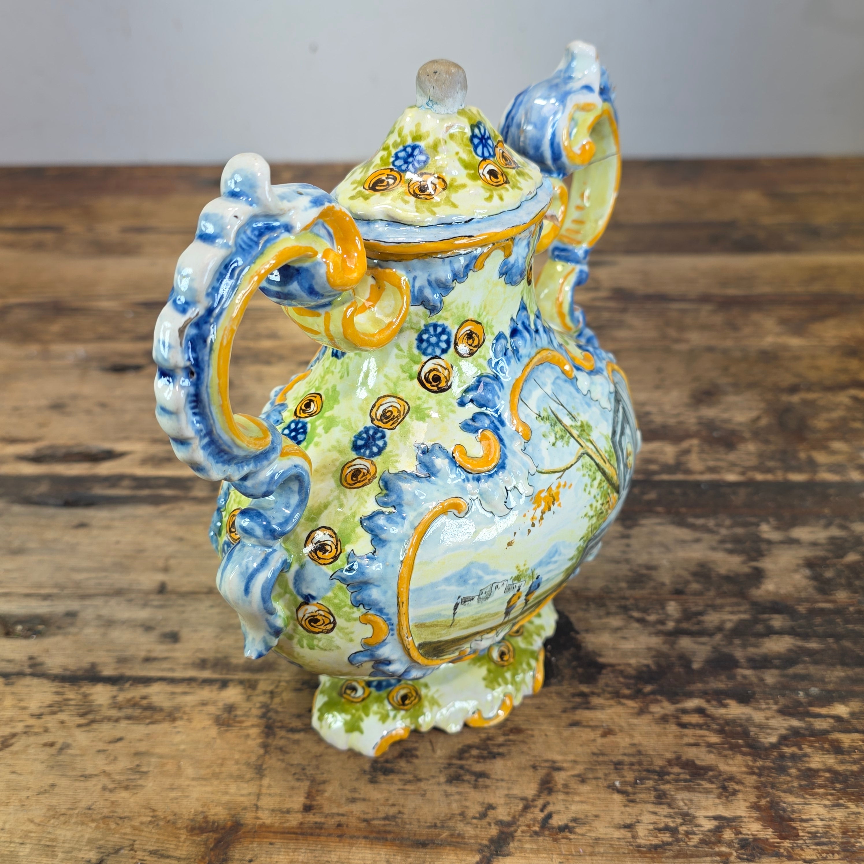 Vintage Italian Majolica Lidded Urn Vase Hand Painted Istoriato Pot Handle M (Damage)