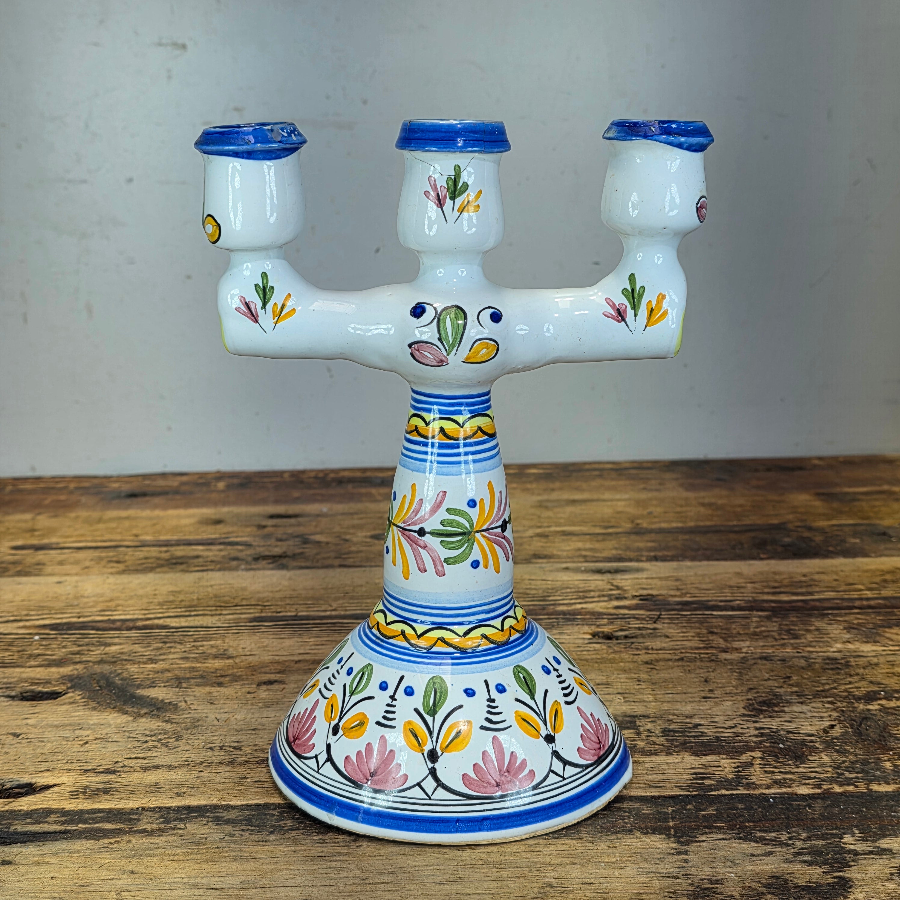 Vintage Mexican Folk Art Ceramic Candelabra 3 Light Candle Holder Signed Rios 10"
