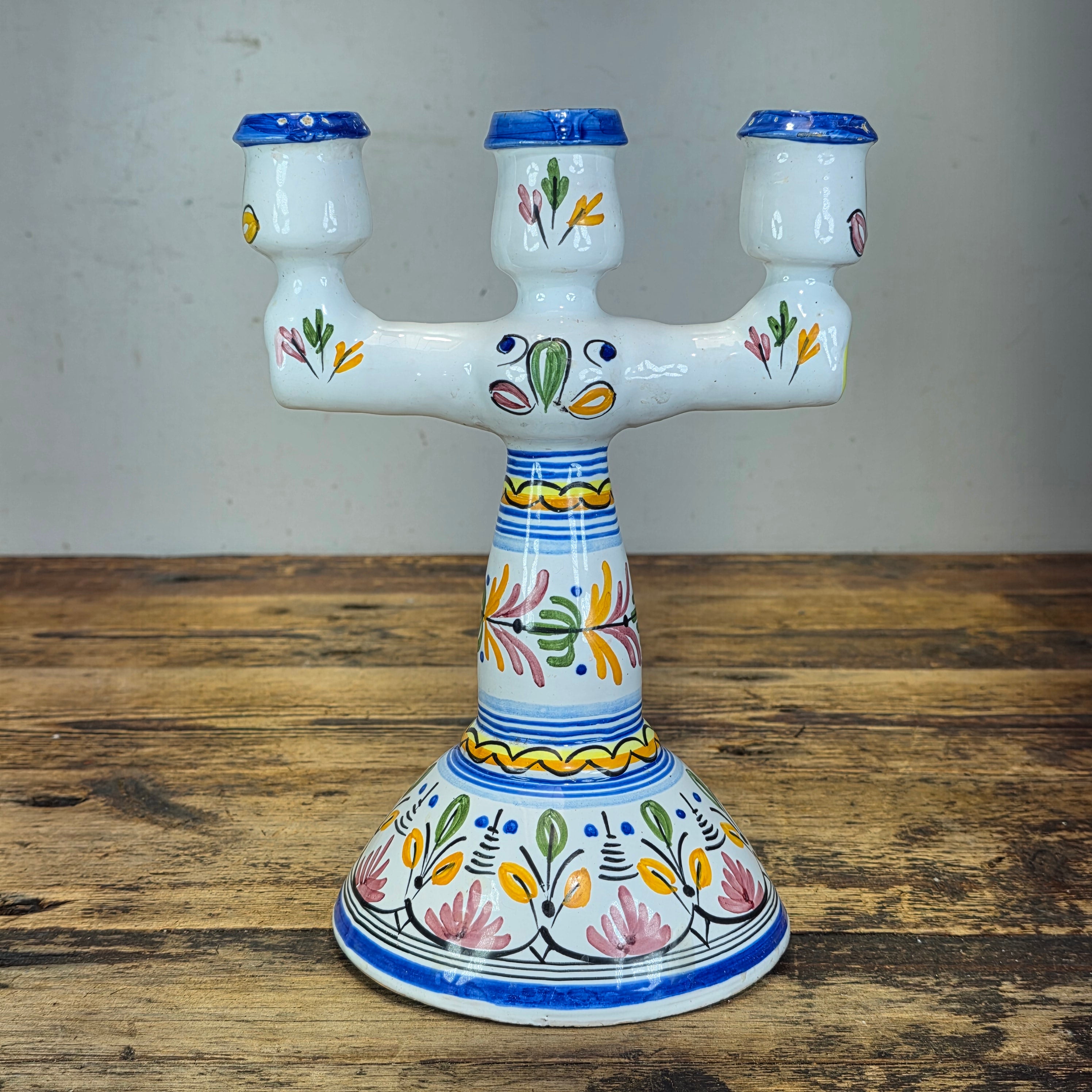 Vintage Mexican Folk Art Ceramic Candelabra 3 Light Candle Holder Signed Rios 10"