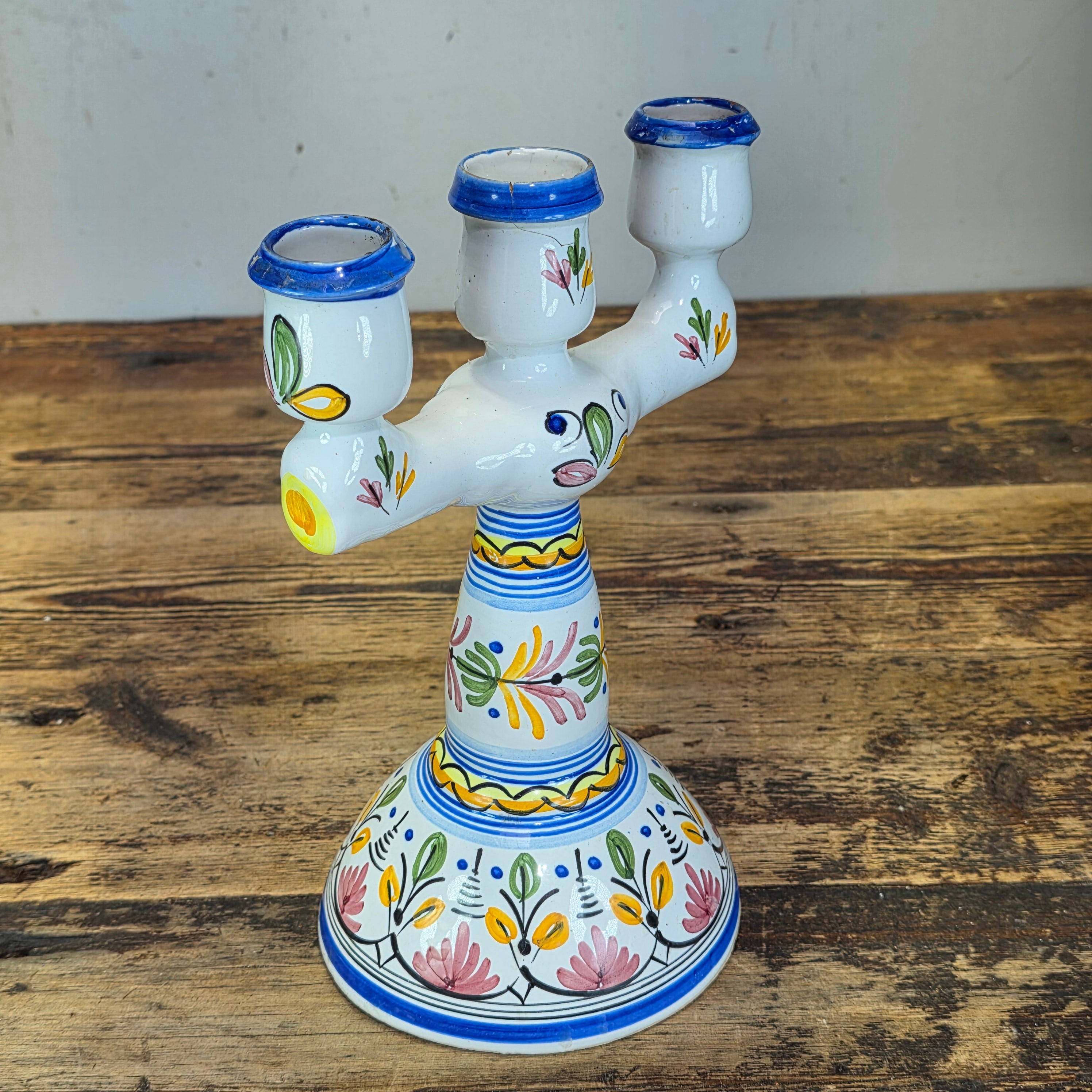 Vintage Mexican Folk Art Ceramic Candelabra 3 Light Candle Holder Signed Rios 10"