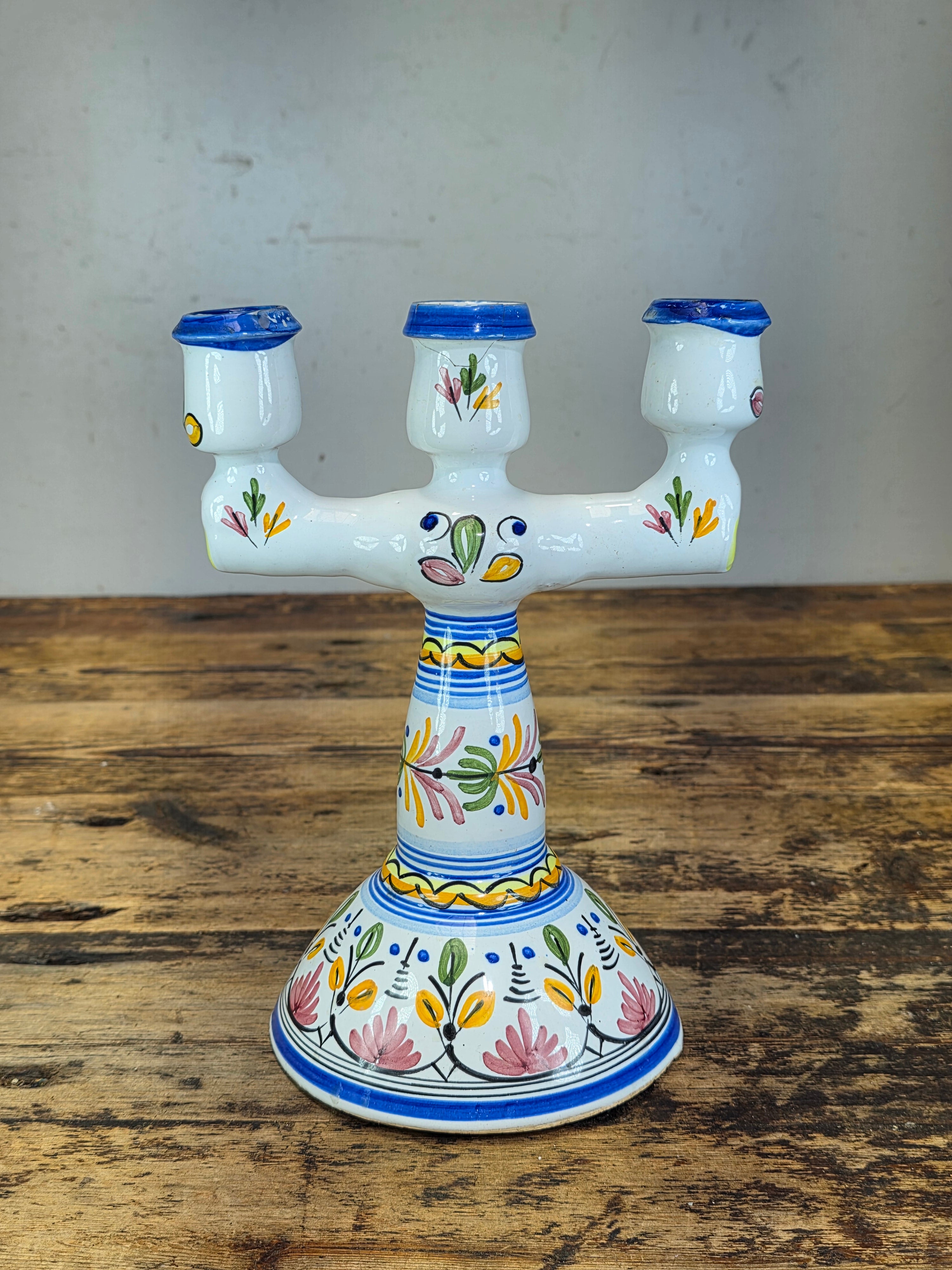 Vintage Mexican Folk Art Ceramic Candelabra 3 Light Candle Holder Signed Rios 10"