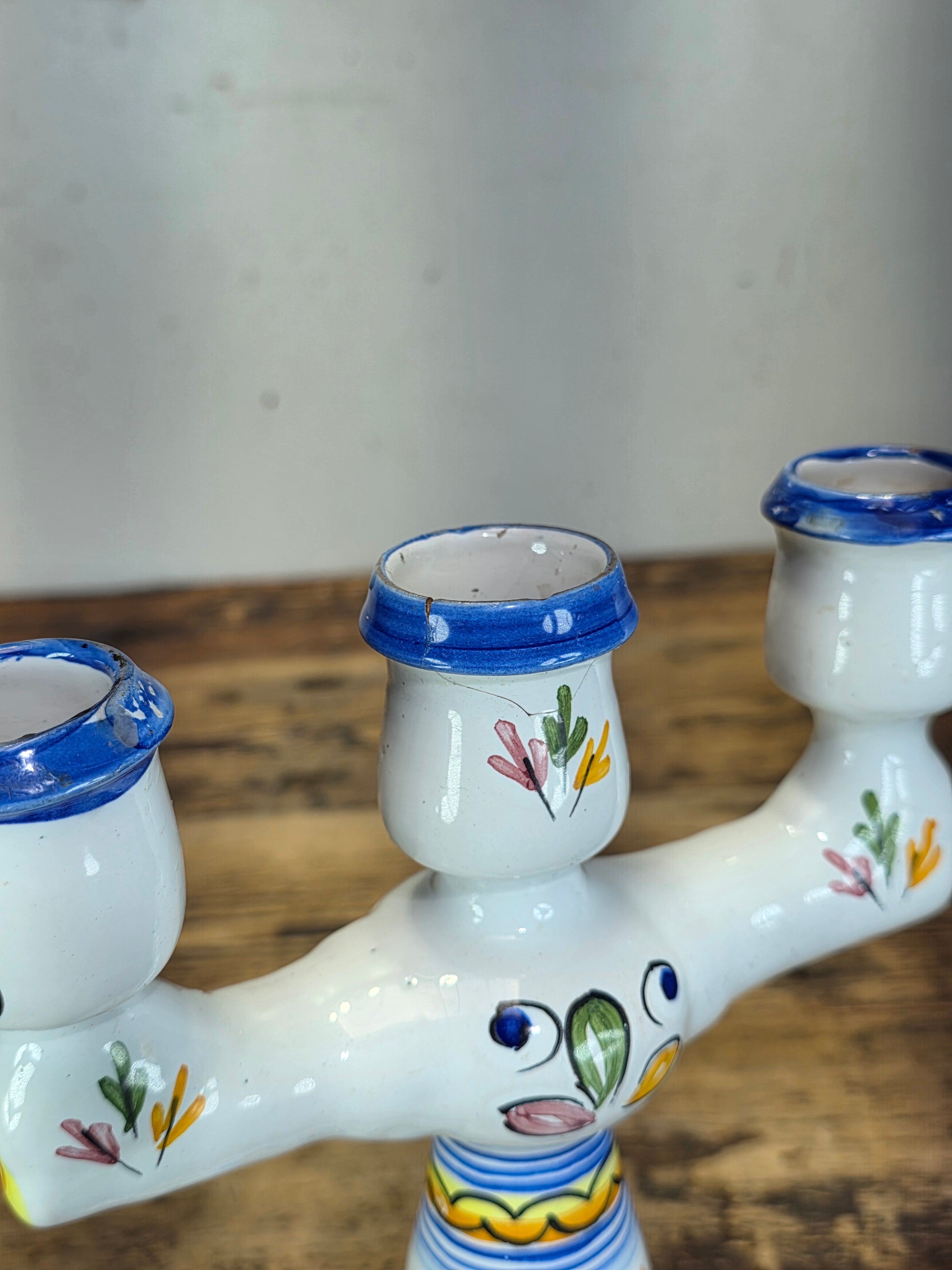 Vintage Mexican Folk Art Ceramic Candelabra 3 Light Candle Holder Signed Rios 10"
