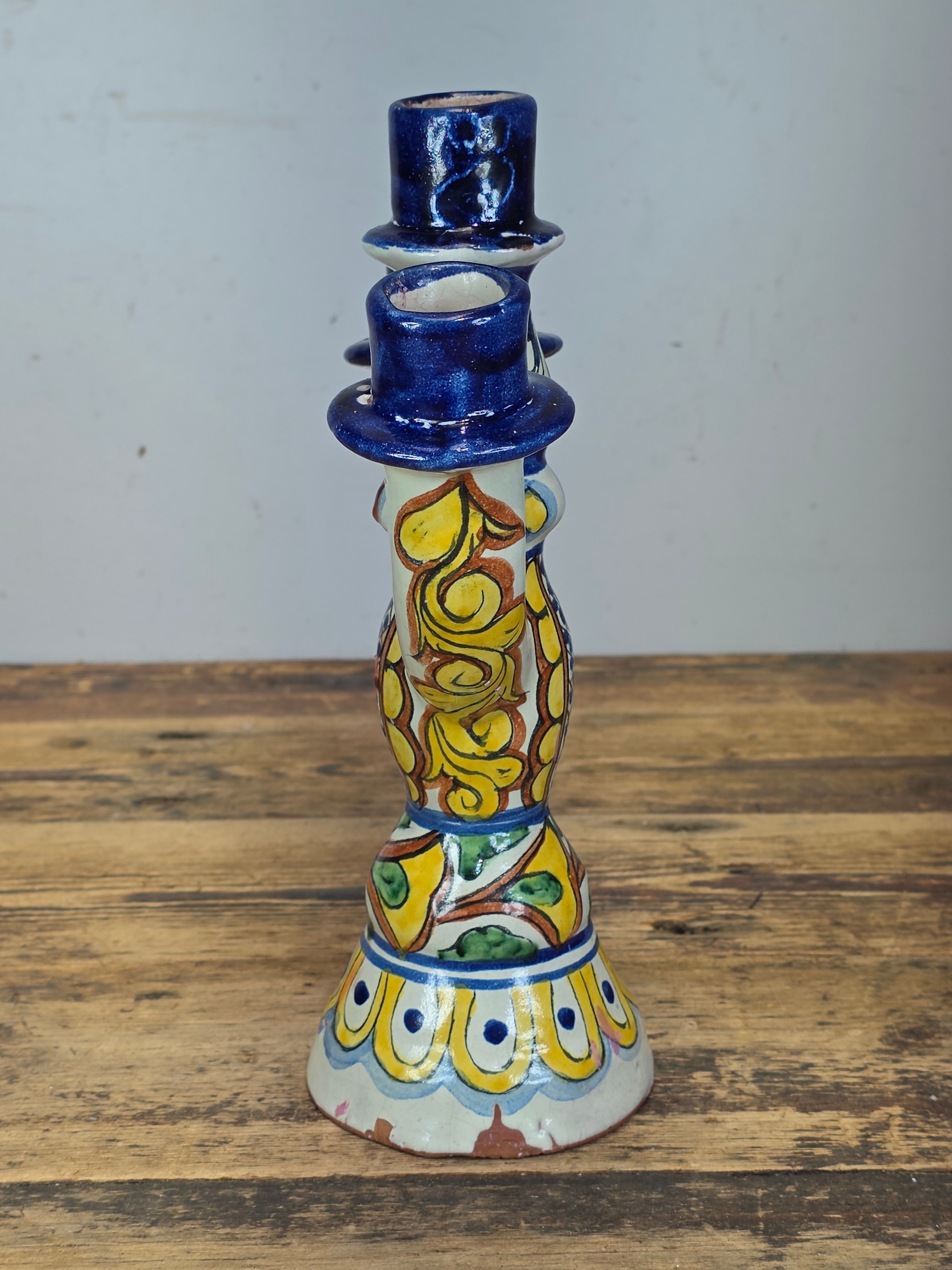 Share Vintage Onofre Mexico Folk Art Ceramic Candelabra 3 Light Candle Holder 10"