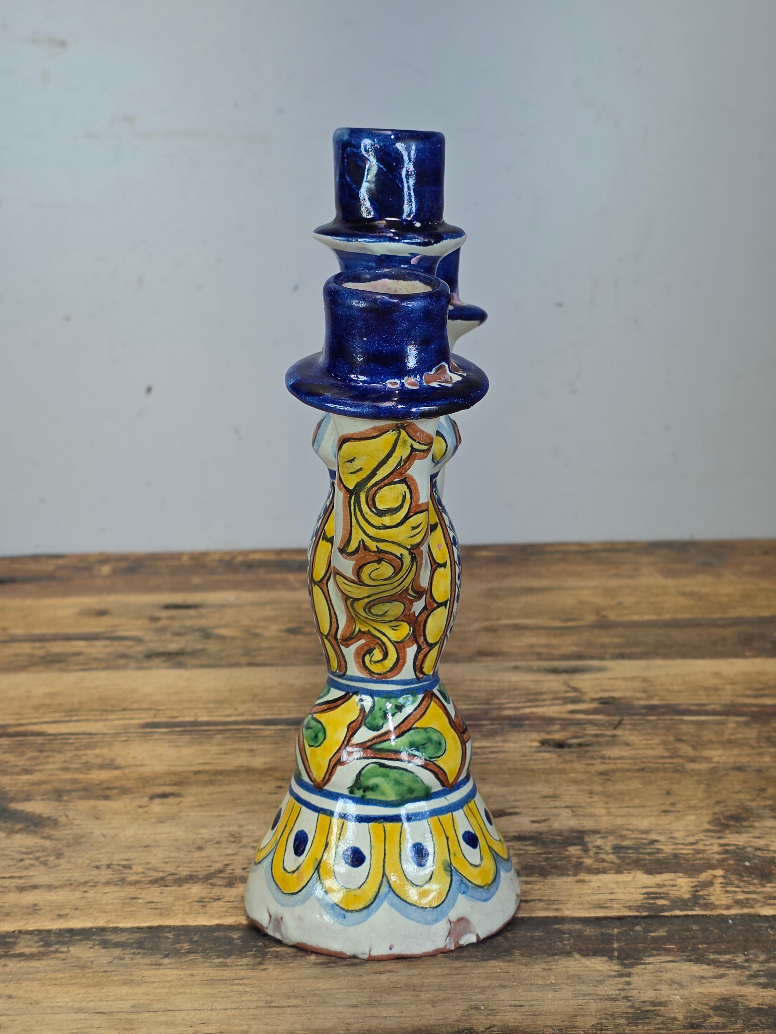 Share Vintage Onofre Mexico Folk Art Ceramic Candelabra 3 Light Candle Holder 10"