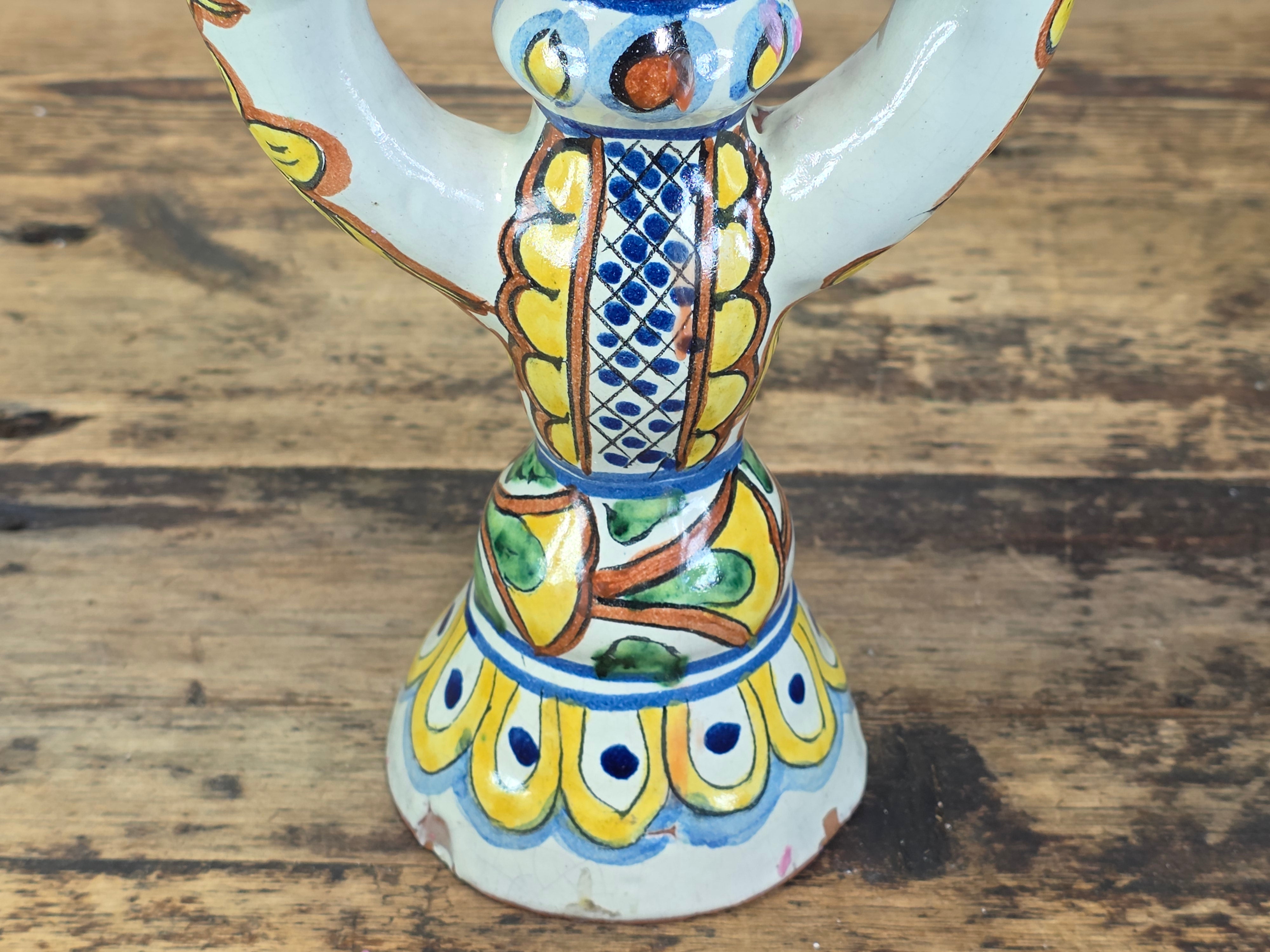 Share Vintage Onofre Mexico Folk Art Ceramic Candelabra 3 Light Candle Holder 10"