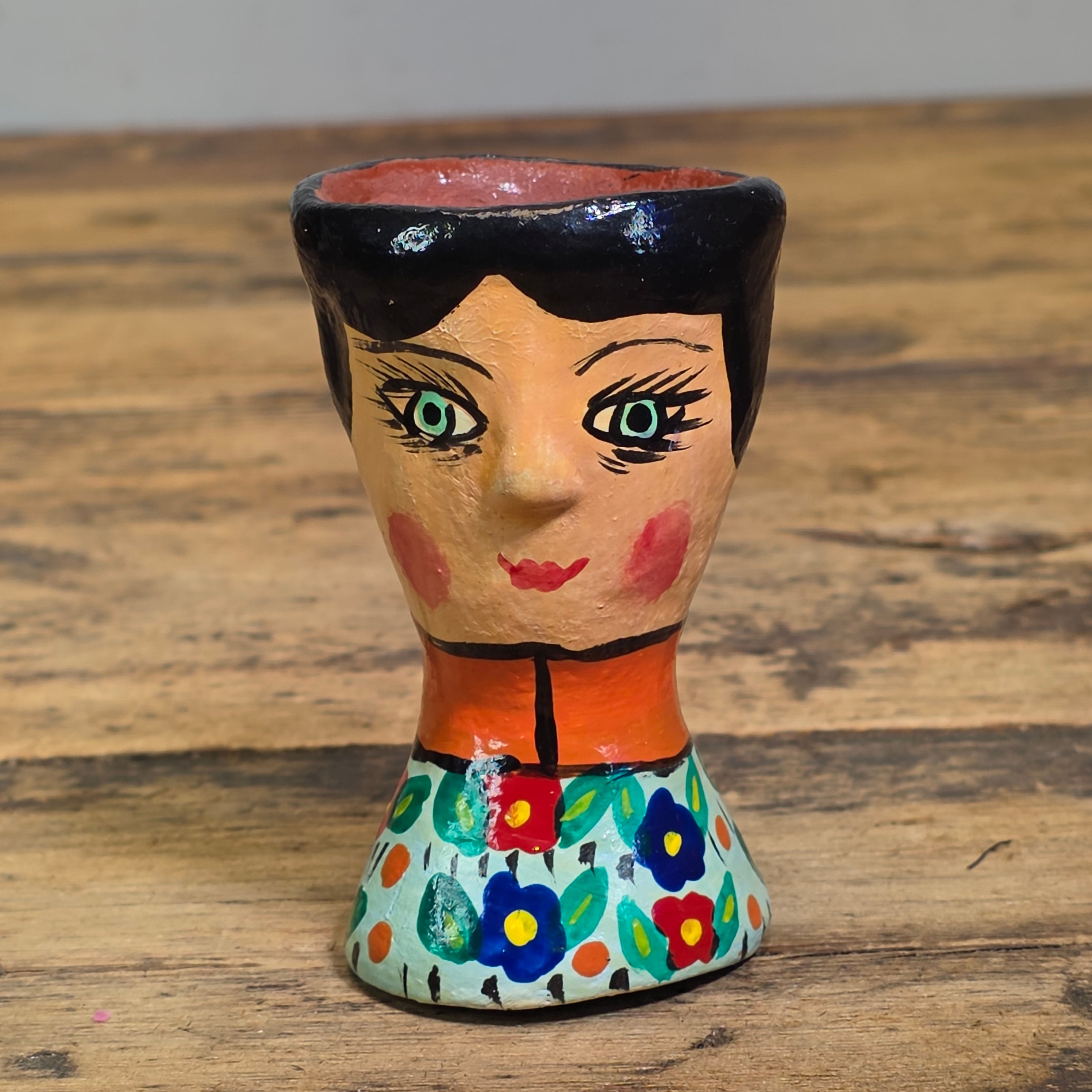 Vintage Guatemala Folk Art Face Planter Egg Cup Ceramic Hand Painted Floral Mini
