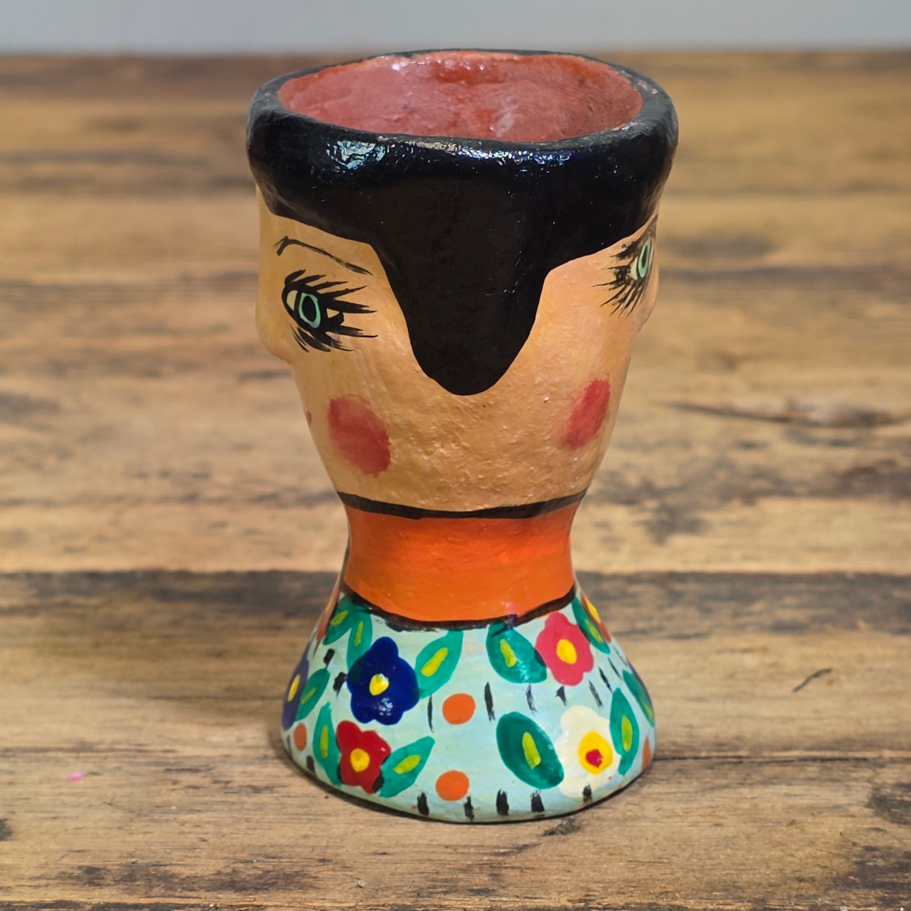 Vintage Guatemala Folk Art Face Planter Egg Cup Ceramic Hand Painted Floral Mini